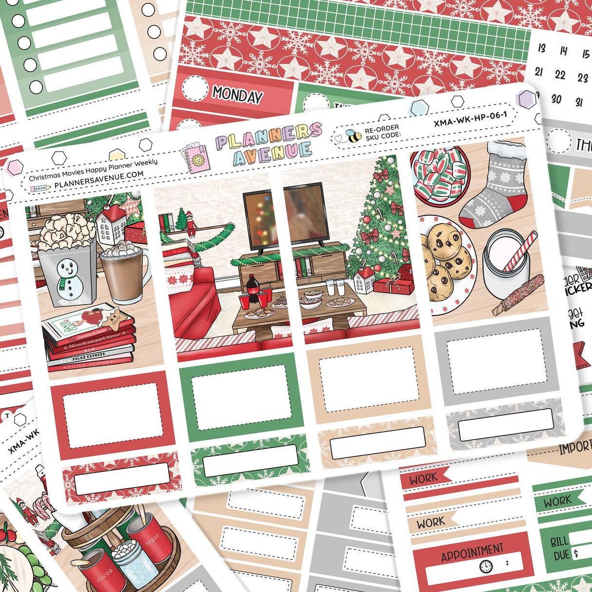 Christmas Movies Happy Planner Weekly Sticker Kit of Christmas-themed planner stickers with various designs on a white background.