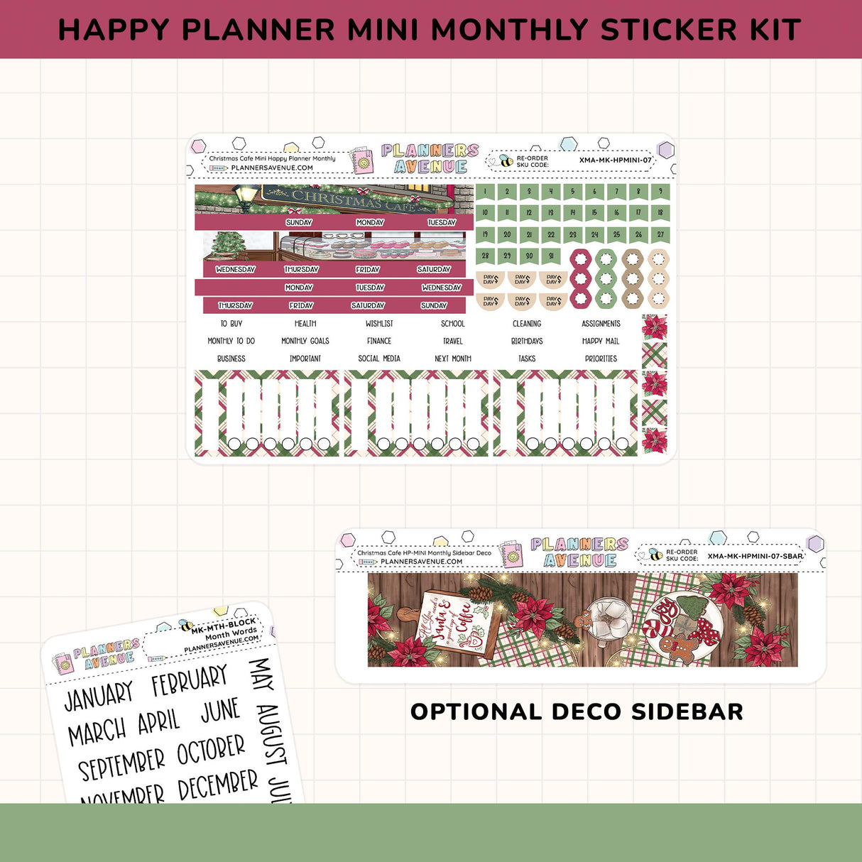 Happy Planner mini monthly sticker kit sized for the mini happy planner with various designs on a grid background