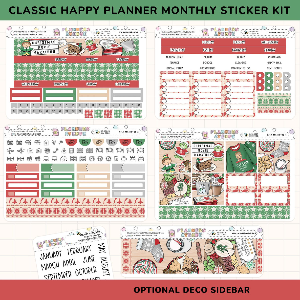 Collection of Christmas-themed planner stickers for the Happy Planner classic sized planner with various designs on a white background.