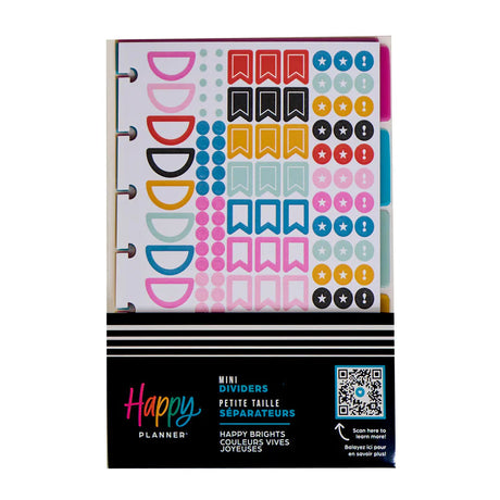 Packaging of Happy Planner Brights Mini Plastic Dividers with multicoloured mini-size plastic dividers visible and a sticker sheet displayed in front.