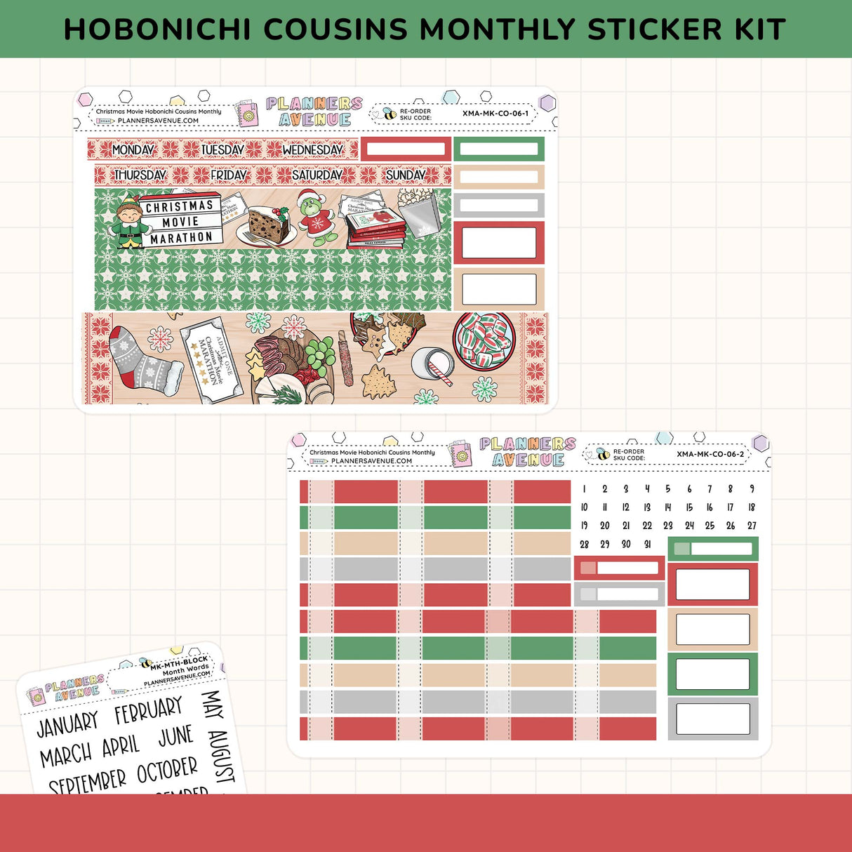 Hobonichi Cousins Monthly Sticker Kit with various planner stickers on a grid background.