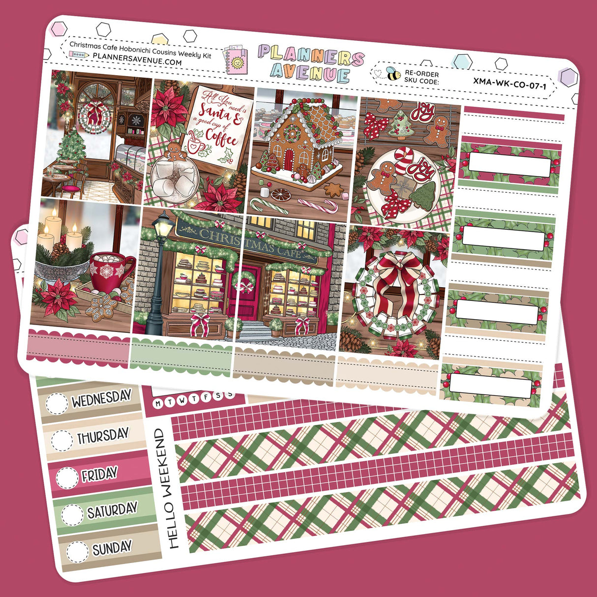 Christmas Cafe Hobonichi Cousins Weekly Sticker Kit Collection of Christmas-themed planner stickers on a pink background