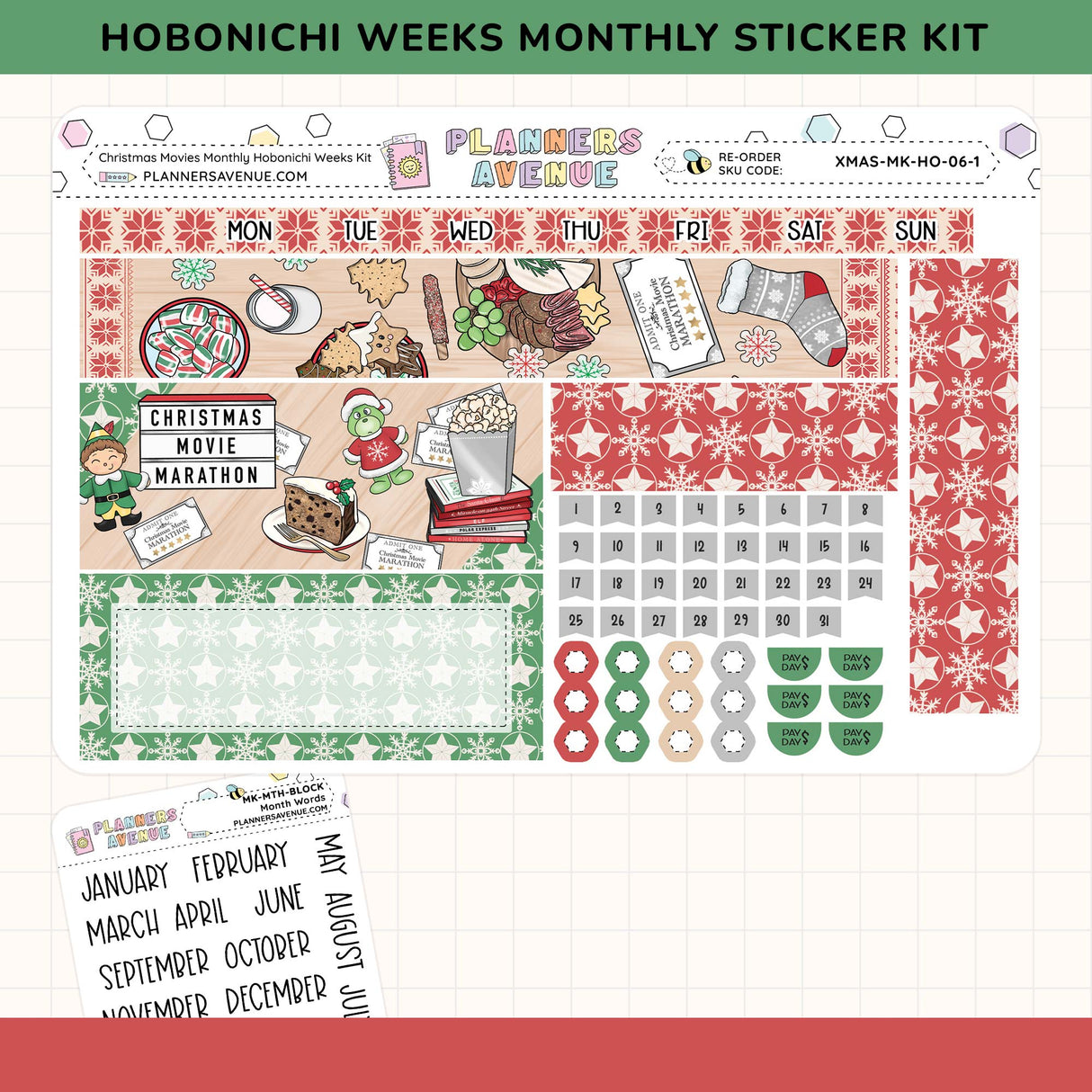 Hobonichi Weeks Monthly Sticker Kit with various festive designs on a white background.