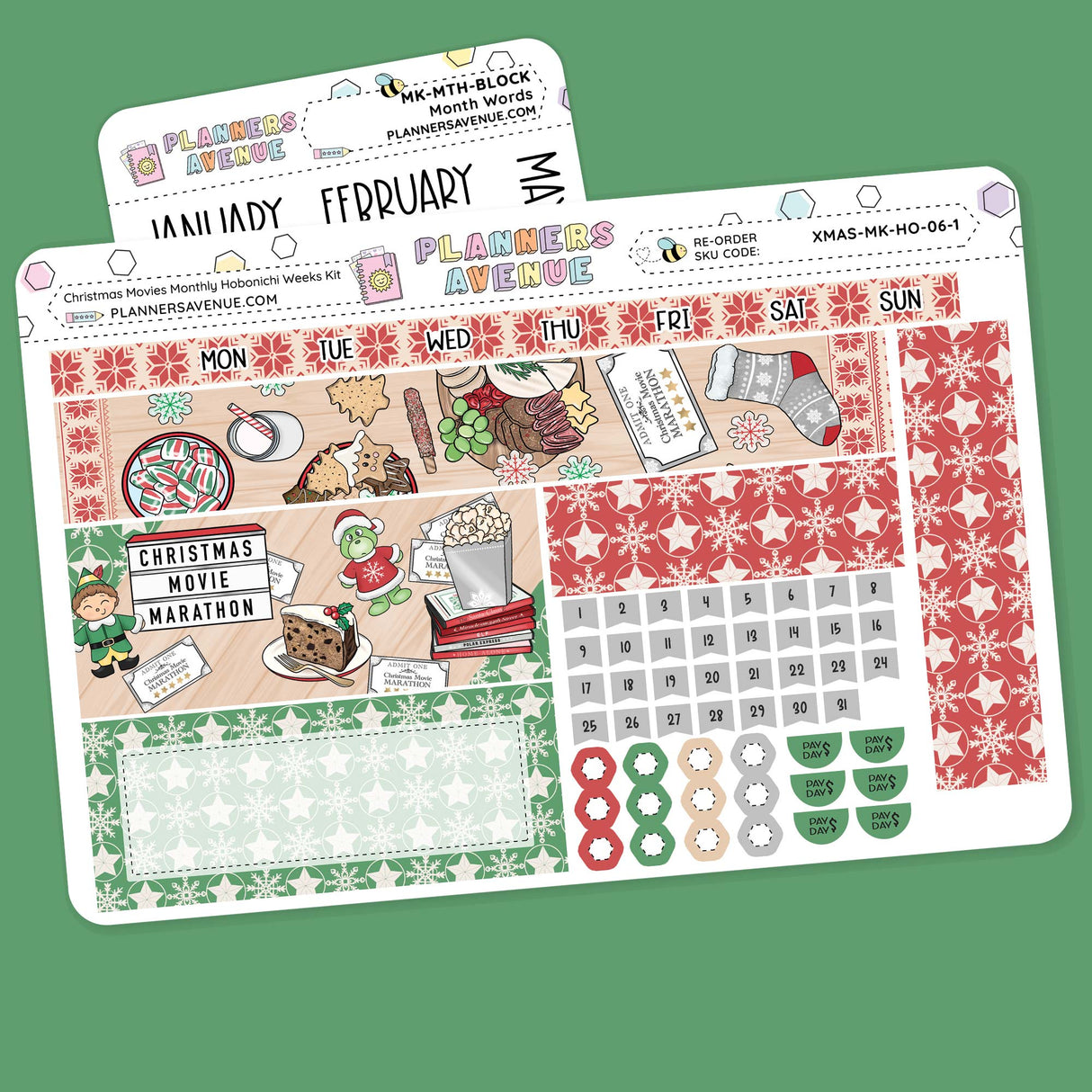 Christmas Movies Hobonichi Monthly Sticker Kit with Christmas-themed design on a green background