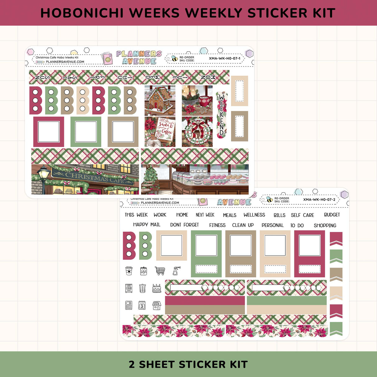 Hobonichi Weeks weekly sticker kit with various decorative elements on a grid background.