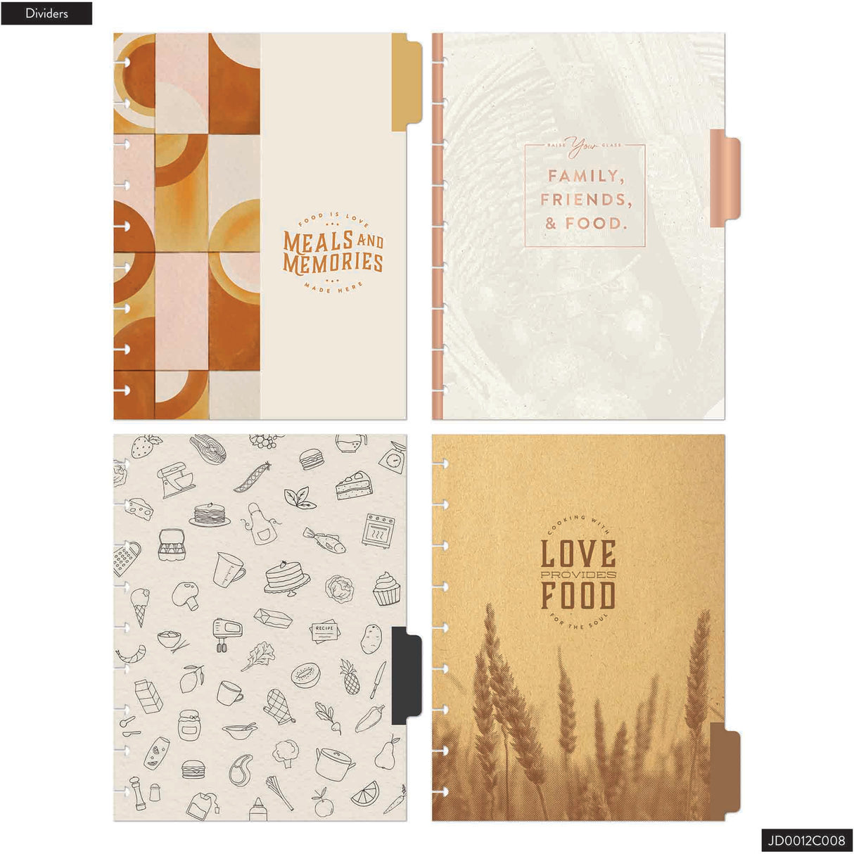Happy Planner Meal Recipe Keeper Journal four dividers with different designs and text on a white background