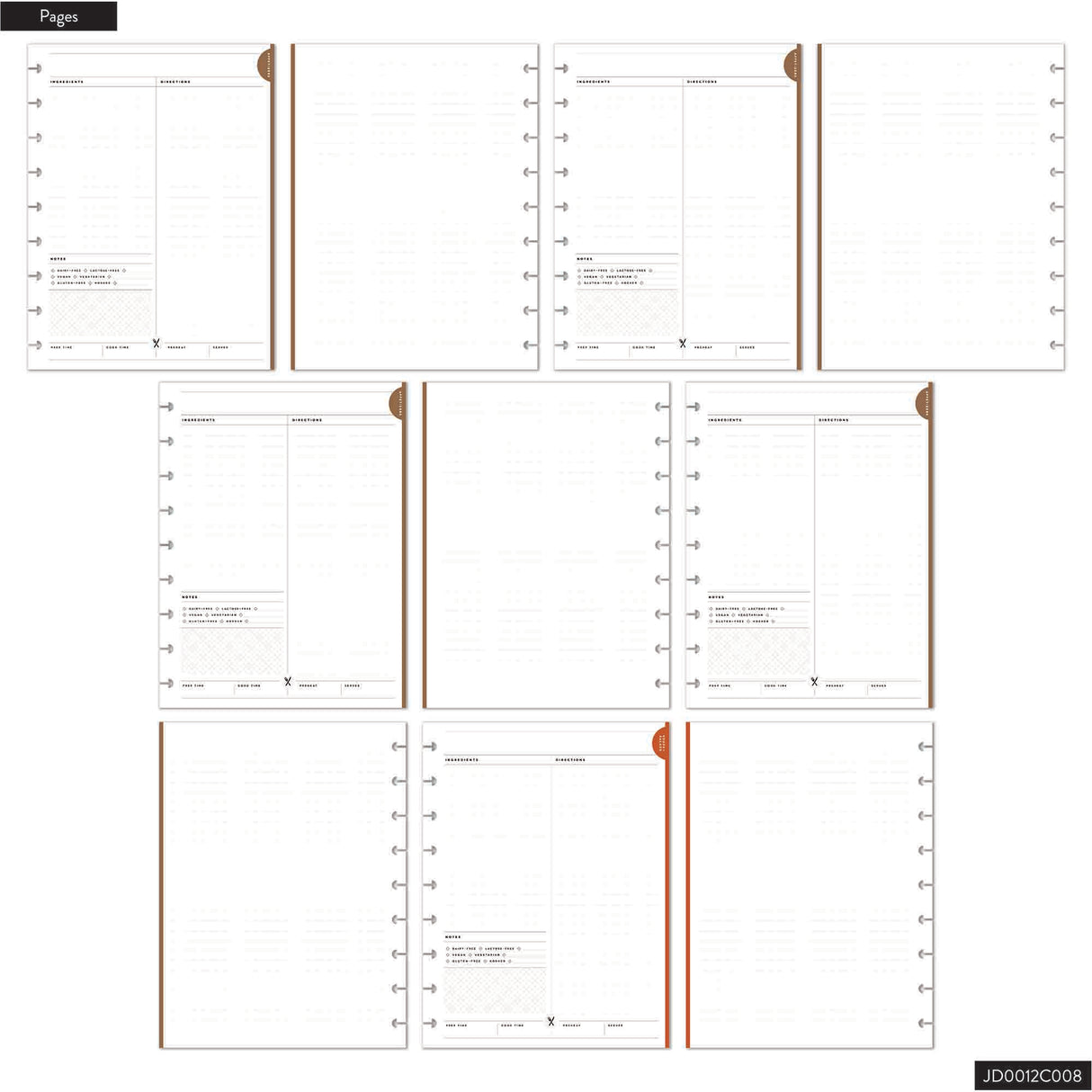 Happy Planner Meal Recipe Keeper Journal pages with various recipe sections on a white background