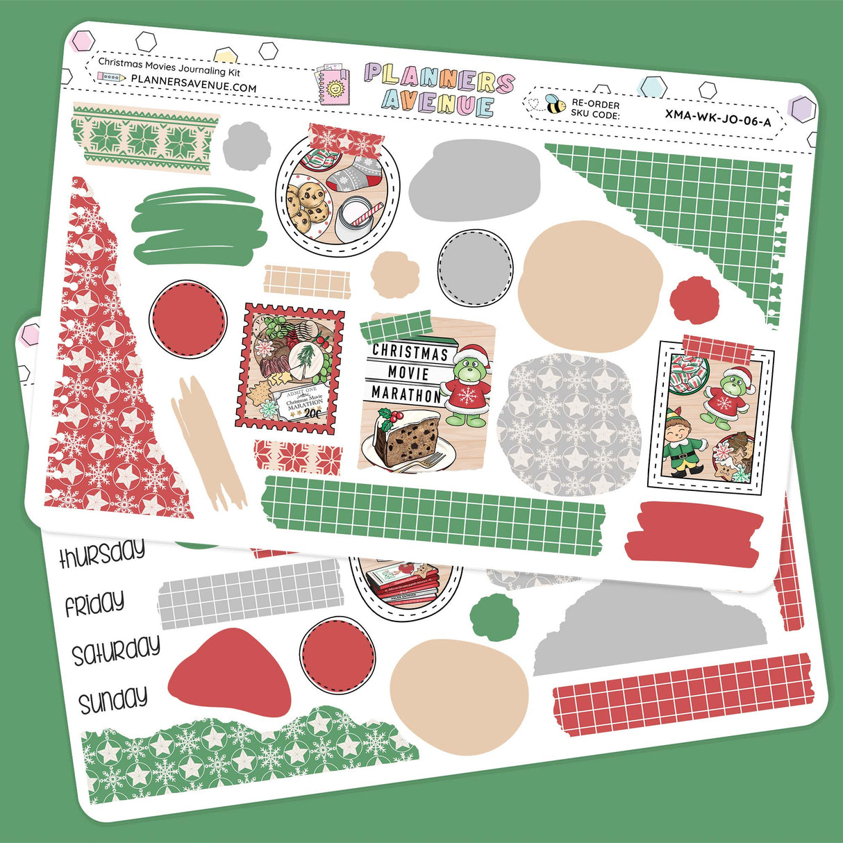 Christmas Movies Journaling Sticker Kit Collection of Christmas-themed planner stickers on a green background