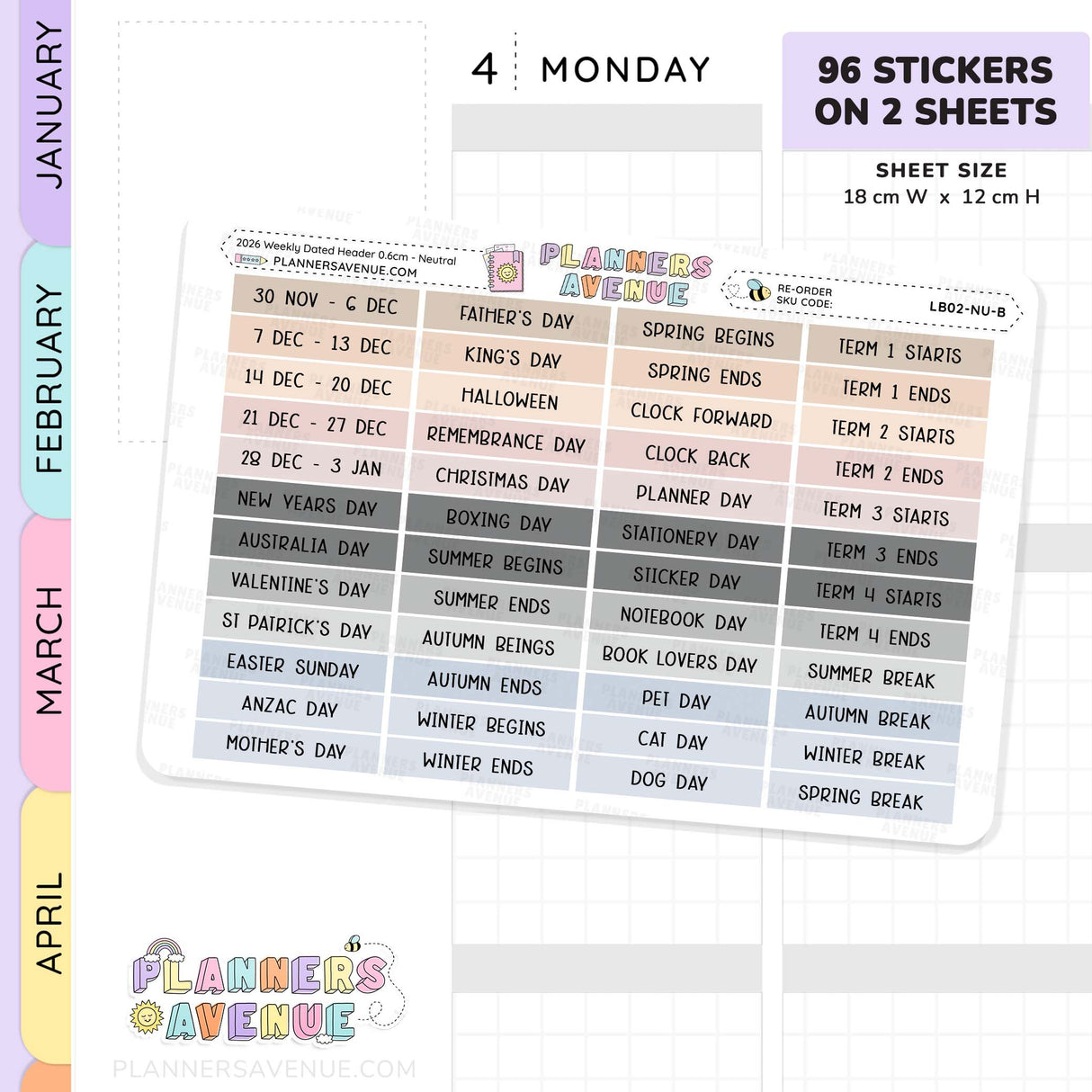 2026 Weekly Dated Header Planner Stickers (2 Sticker Sheet Set)
