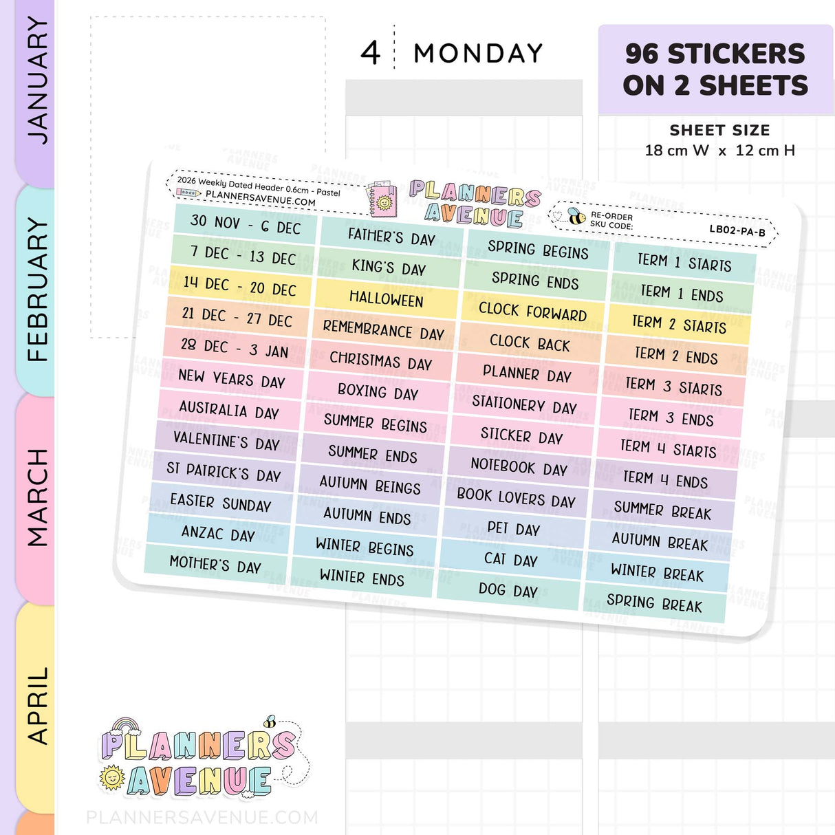 2026 Weekly Dated Header Planner Stickers (2 Sticker Sheet Set)