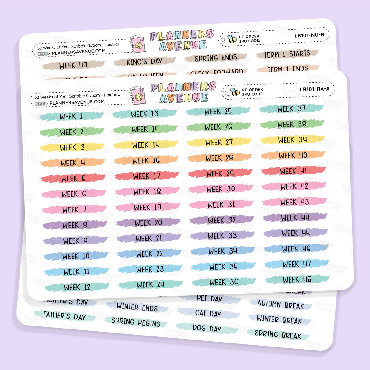 52 Weeks Year Scribble Sticker labels from Planners Average, featuring watercolor-style weekly and holiday date labels