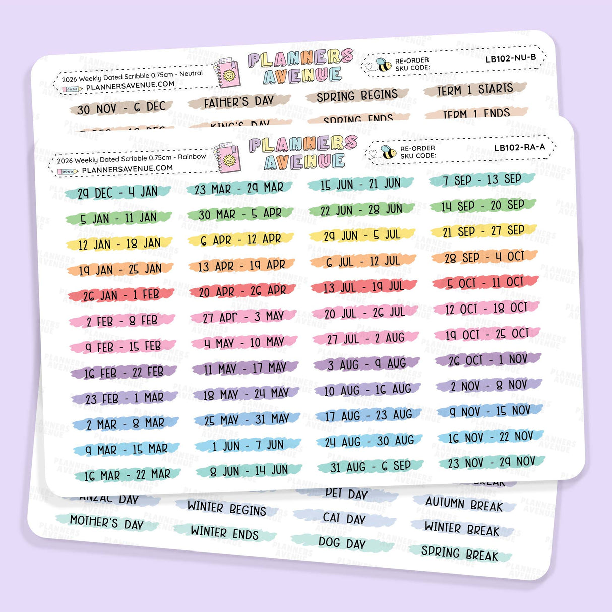 2026 Weekly Dated Scribble Stickers from Planner Avenue featuring colorful monthly date labels for planners, shown on a light lavender background.