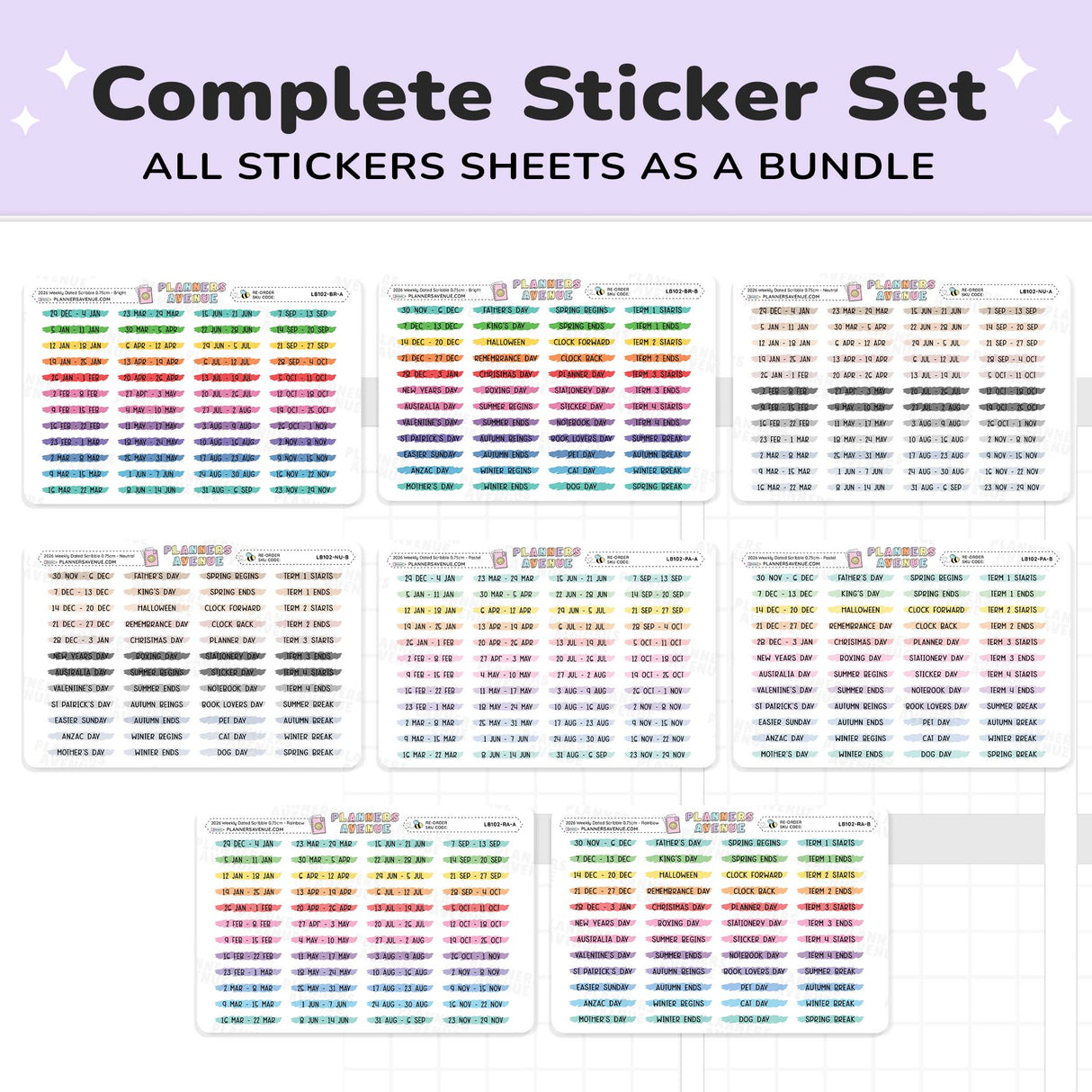 2026 Weekly Dated Scribble Stickers (2 Sticker Sheet Set)