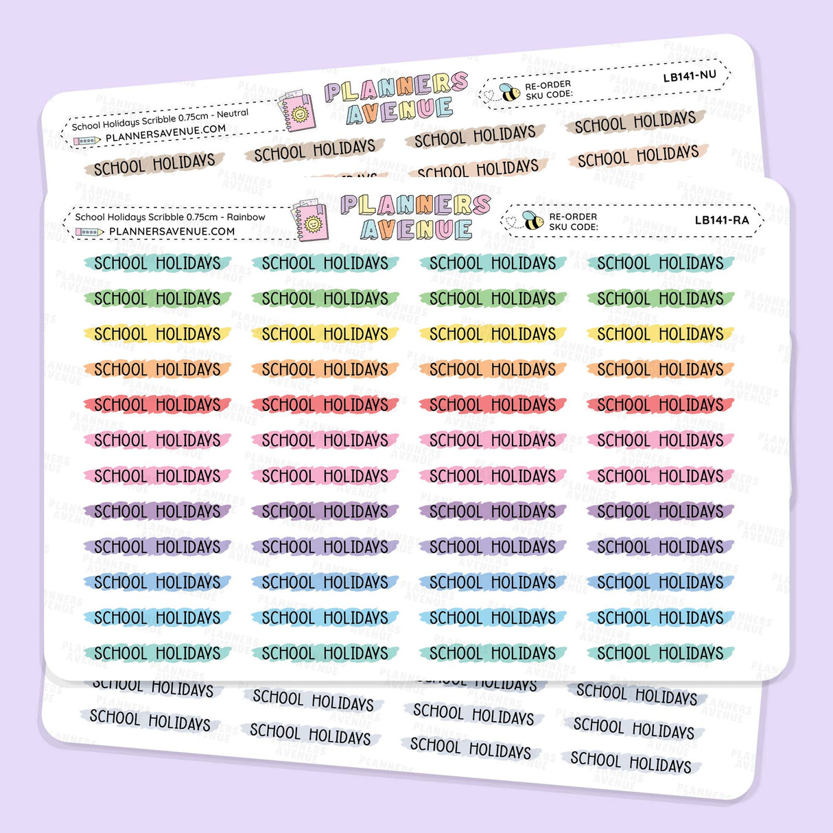 Three sticker sheets featuring the 'Planner Avenue' brand and 'School Holidays' text in multiple pastel colors, arranged on a light lavender background.