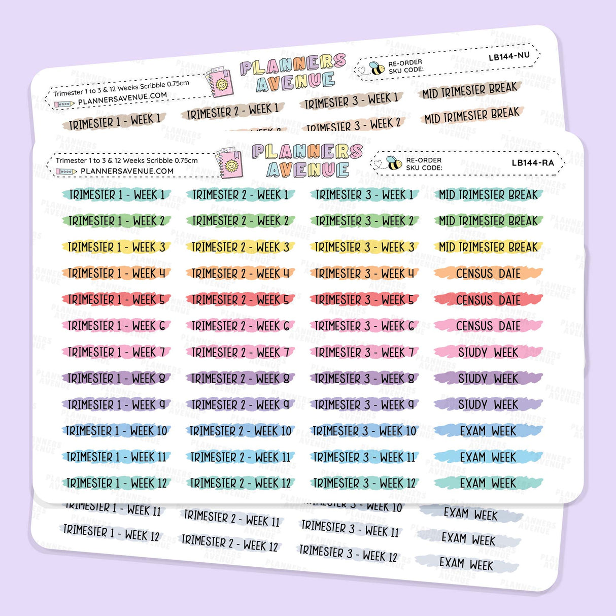 Trimester 1 to 3 with 12 Weeks Scribble Stickers with colorful text labels for weekly and monthly planning, branded 'Planners Avenue', shown on a light lavender background.