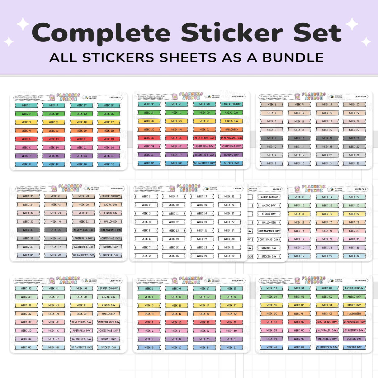 52 Weeks of Year Banner Flag Stickers (Set of 2 sheets)