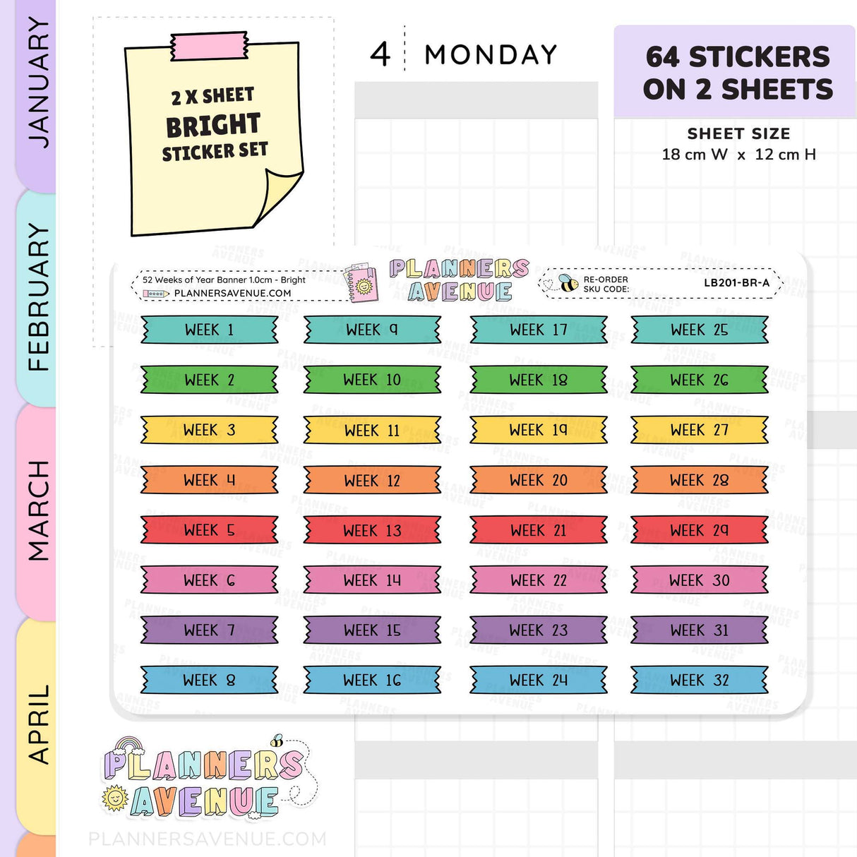 52 Weeks of Year Banner Flag Stickers (Set of 2 sheets)