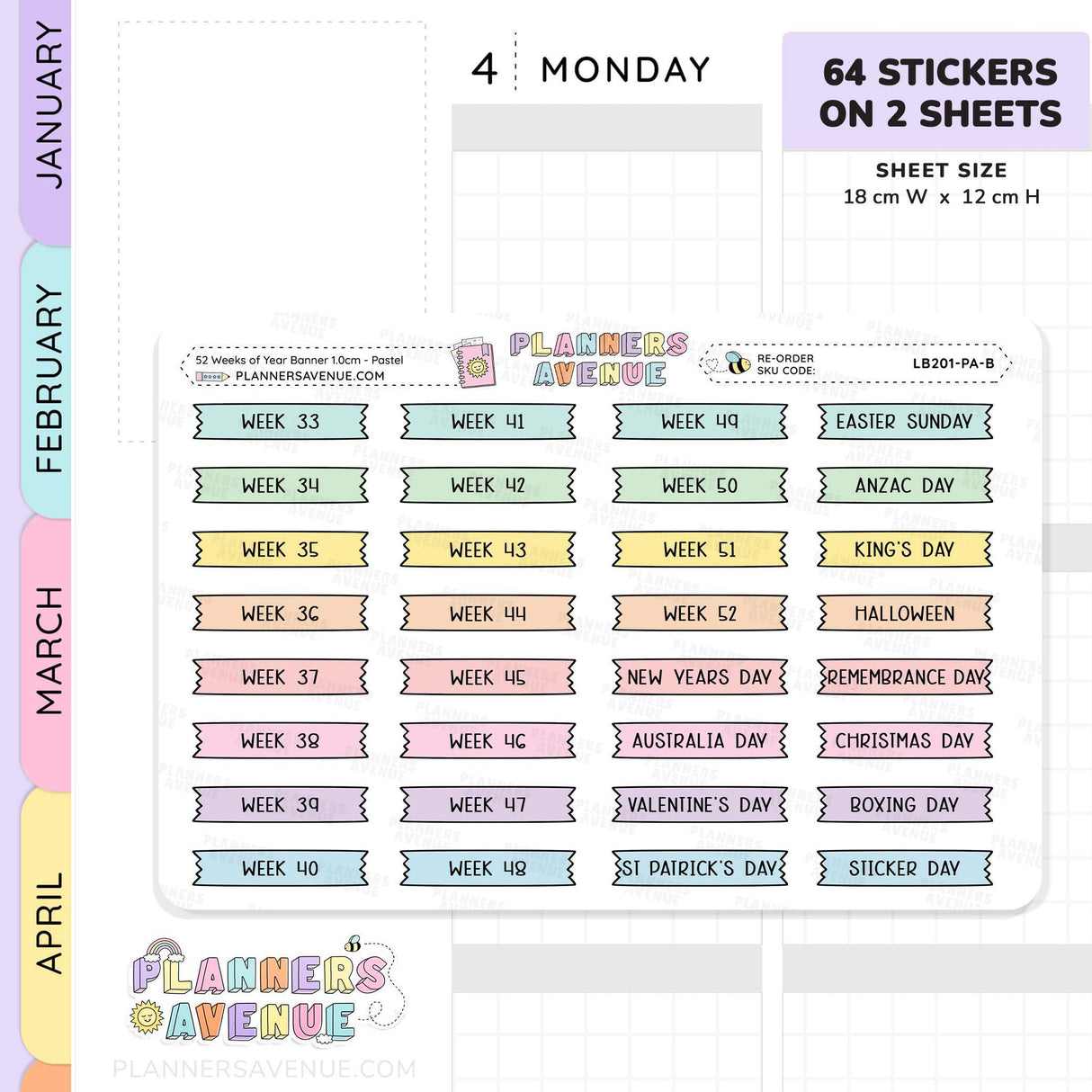 52 Weeks of Year Banner Flag Stickers (Set of 2 sheets)