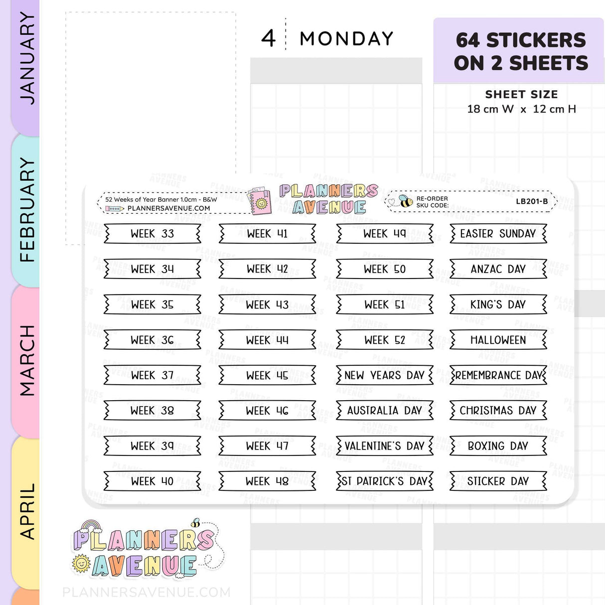52 Weeks of Year Banner Flag Stickers (Set of 2 sheets)