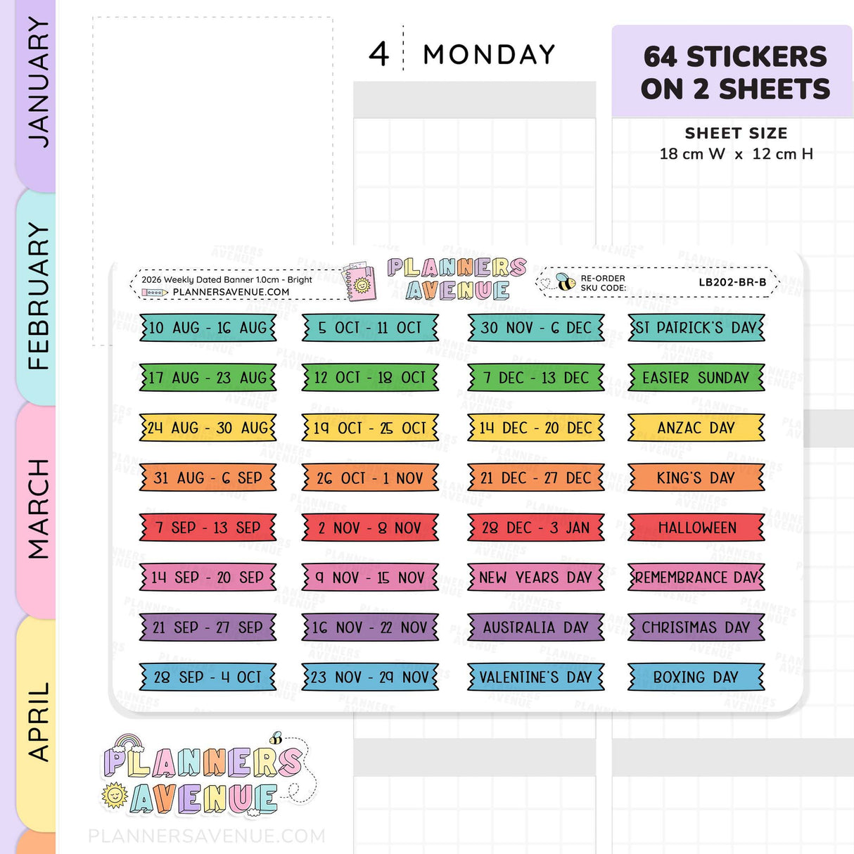 2026 Weekly Dated Banner Flag Stickers (2 Sticker Sheet Set)