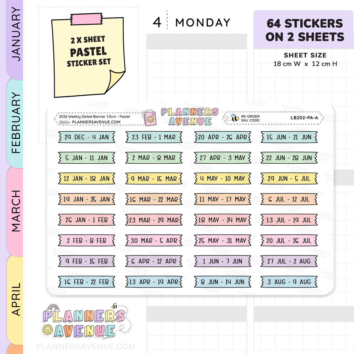 2026 Weekly Dated Banner Flag Stickers (2 Sticker Sheet Set)