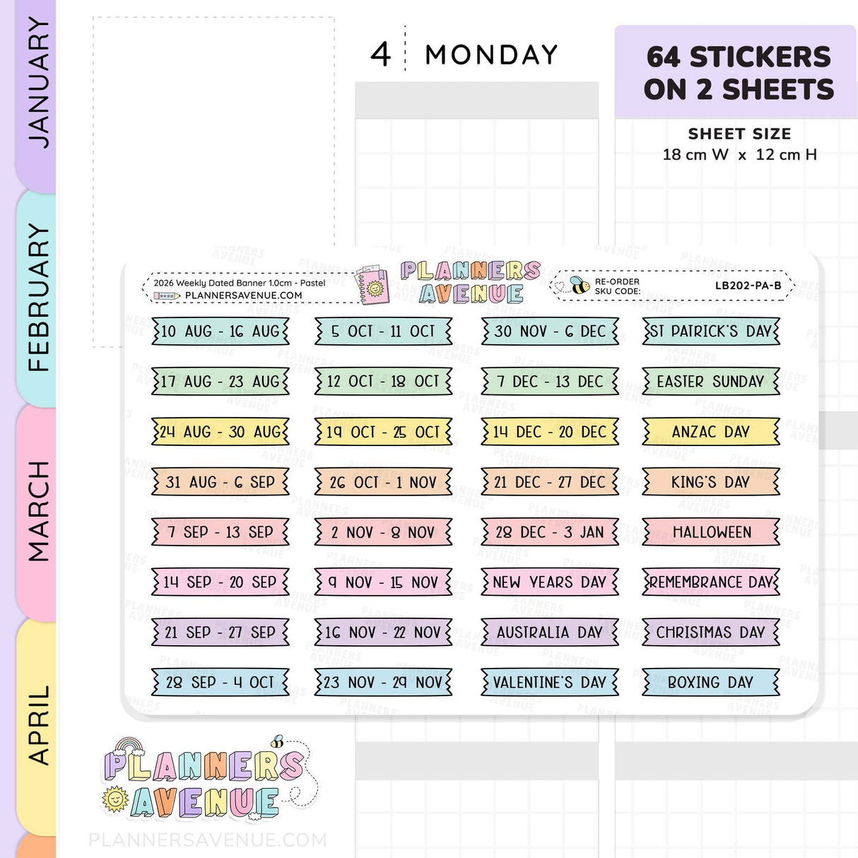 2026 Weekly Dated Banner Flag Stickers (2 Sticker Sheet Set)