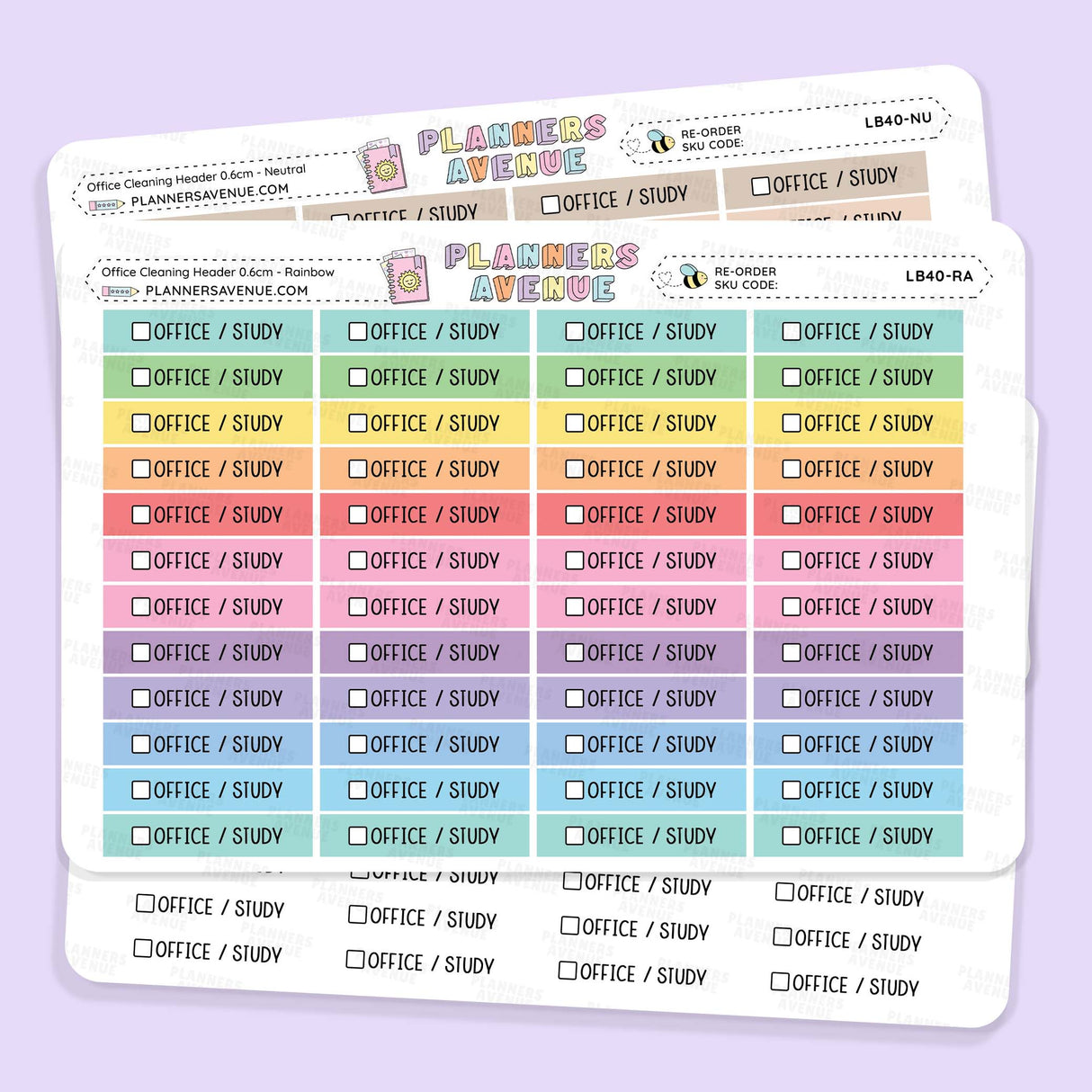 Office Cleaning Task Planner Stickers with rows of colourful checkbox stickers and labelled tabs, shown on a light lavender background.