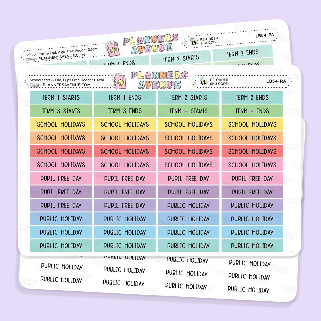 School Term Start & End Header Planner Stickers featuring term starts/ends, school holidays, and public holidays, displayed on a light lavender background.