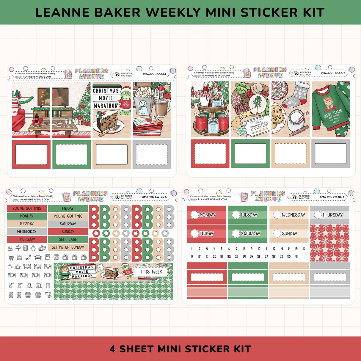 Leanne Baker Weekly Mini Sticker Kit with Christmas-themed designs on a white background.