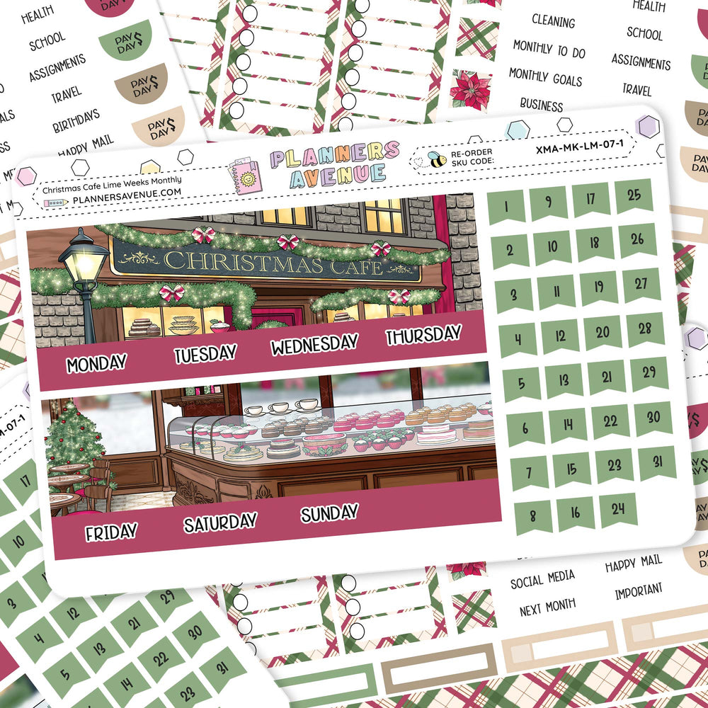 Christmas Cafe Lime Monthly Sticker Kit Collection of planner stickers with a Christmas theme, including a cafe scene and dates.
