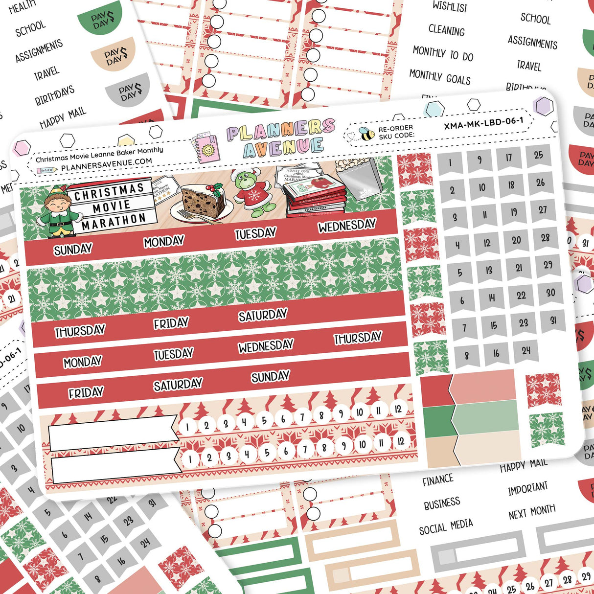 Christmas Movies Lime Monthly Sticker Kit Collection of planner stickers with Christmas theme on a white background