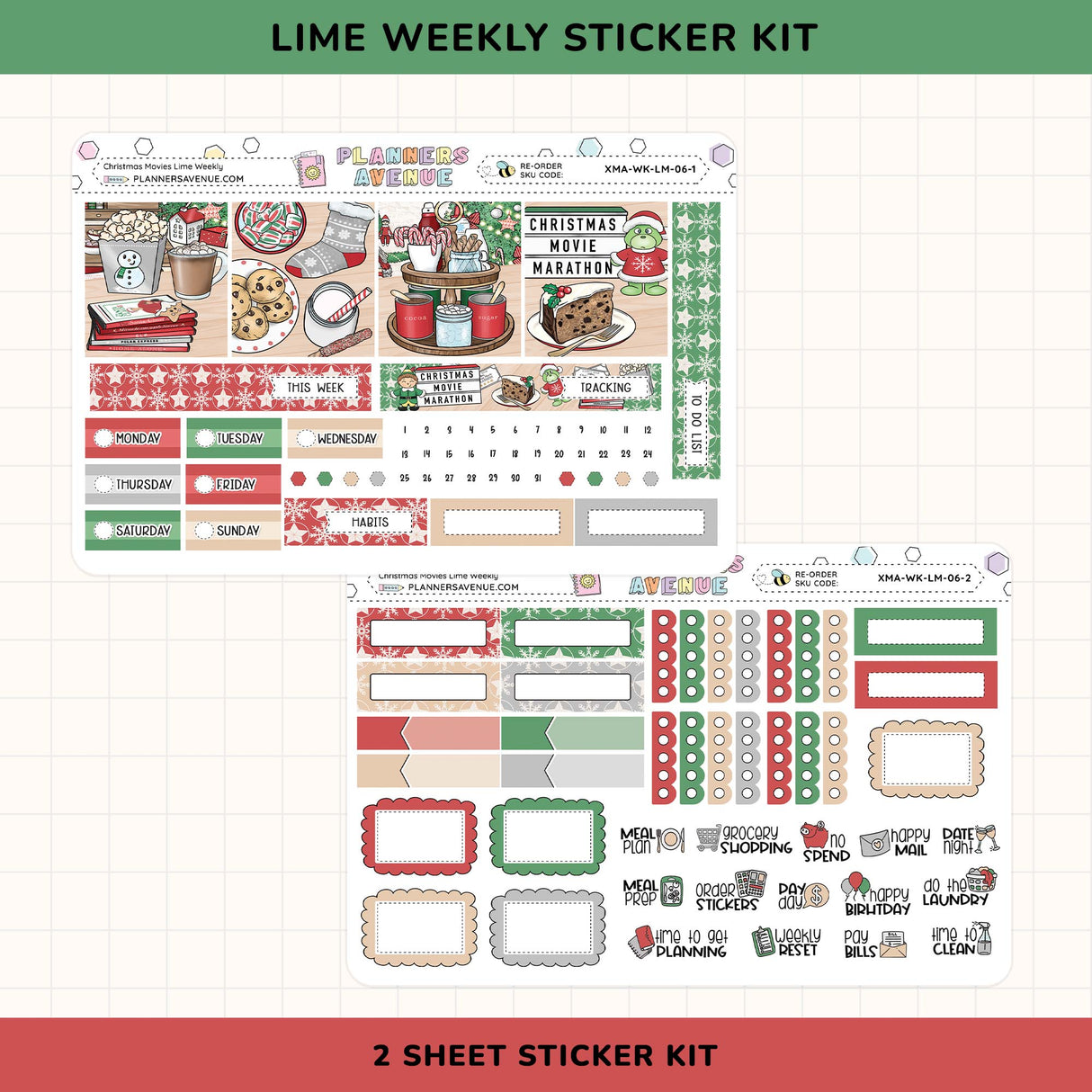 Lime Weekly Sticker Kit with various planner stickers on a grid background