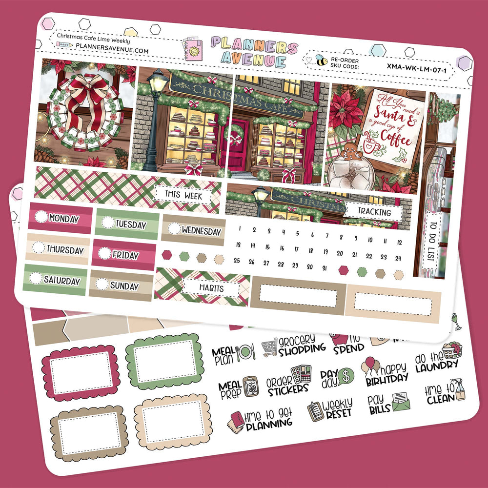 Christmas Cafe Lime Weekly Planner Sticker Kit collection from Planners Avenue Christmas-themed planner stickers on a pink background