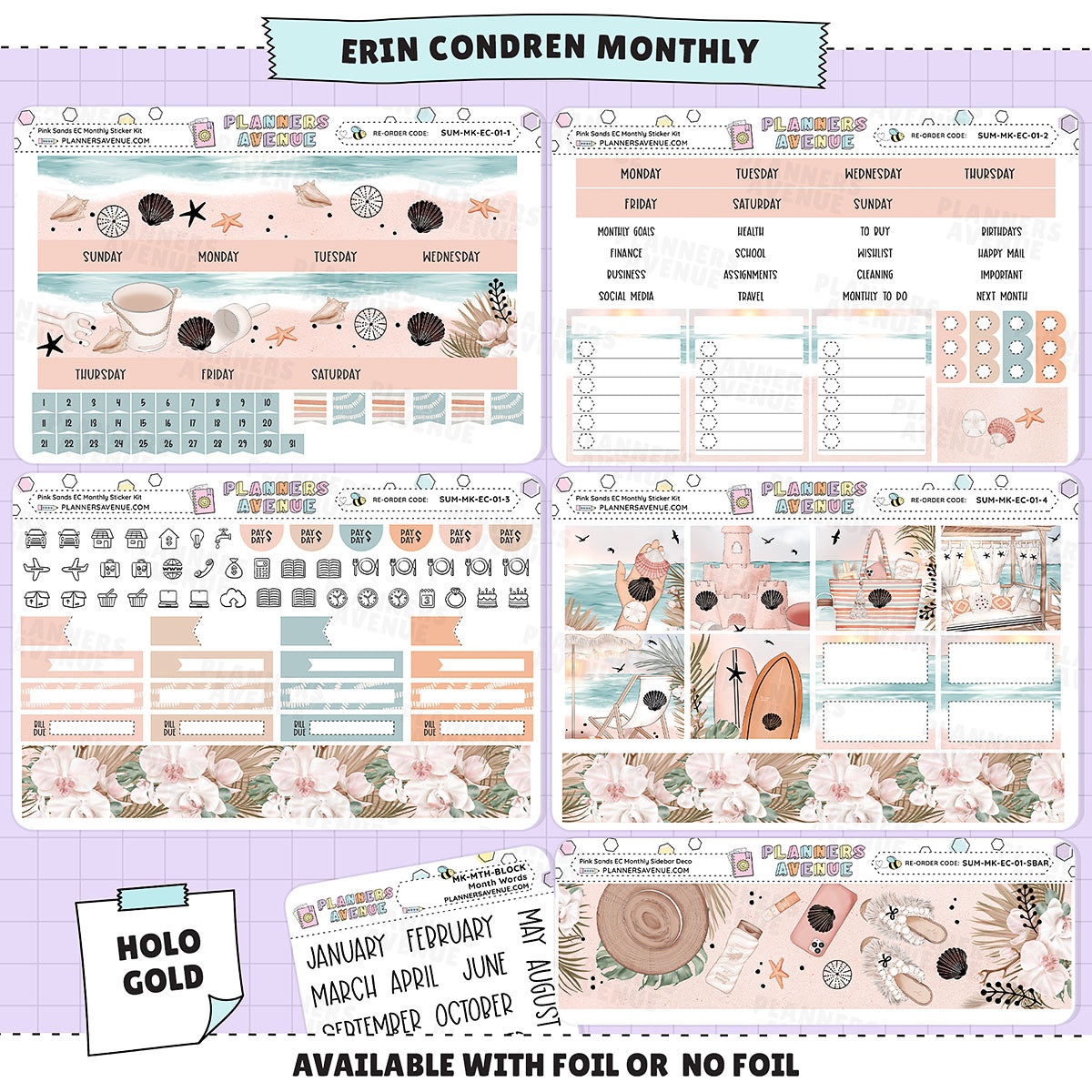 Pink Sands Erin Condren Monthly Sticker Foiled Kit (HOLO GOLD FOIL)