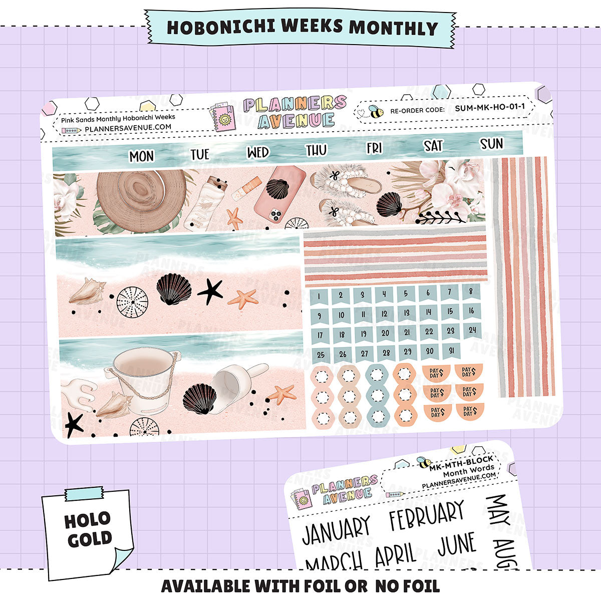 Pink Sands Hobonichi Monthly Sticker Foiled Kit (HOLO GOLD FOIL)
