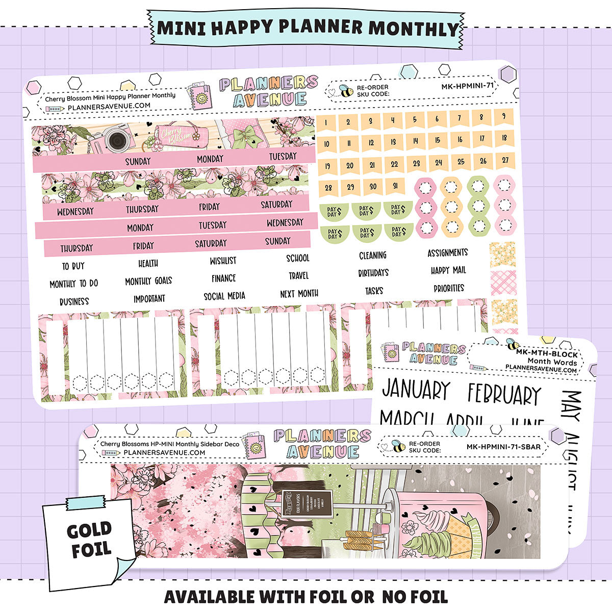 Cherry Blossoms Happy Planner MINI Monthly Sticker Foiled Kit (GOLD FOIL)