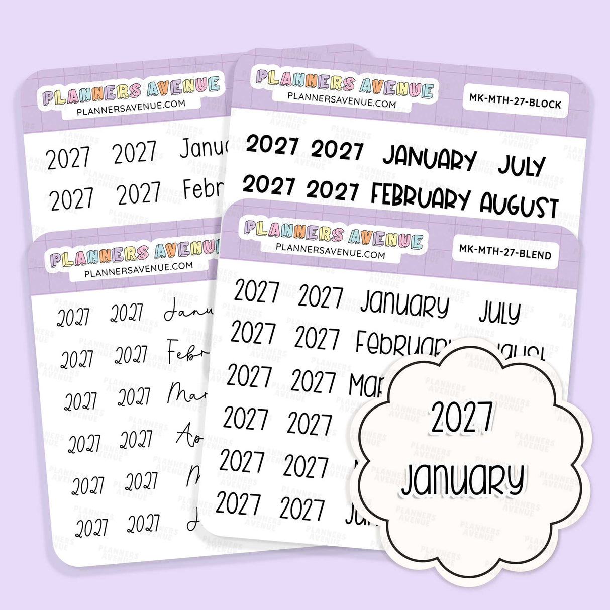 2027 Month & Year Planner Stickers sheets from Planners Avenue featuring the year 2027 in black script on white labels with lavender headers. A cloud-shaped sticker reading '2027 January' is shown in front.