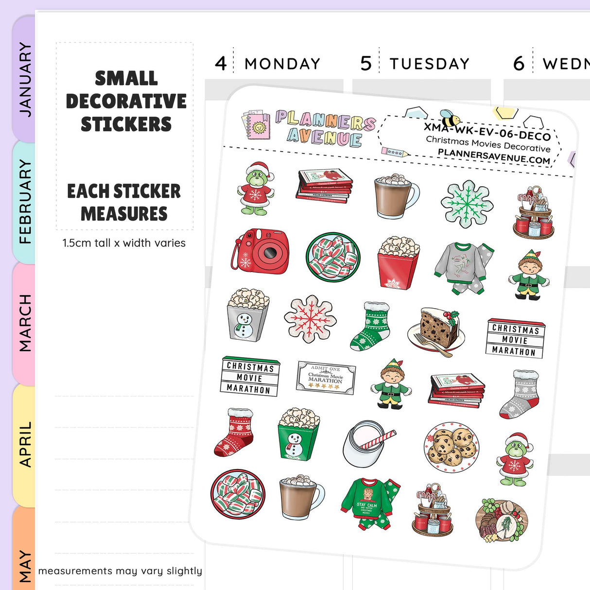 Collection of small decorative stickers for planners on a white background with a purple and orange border.