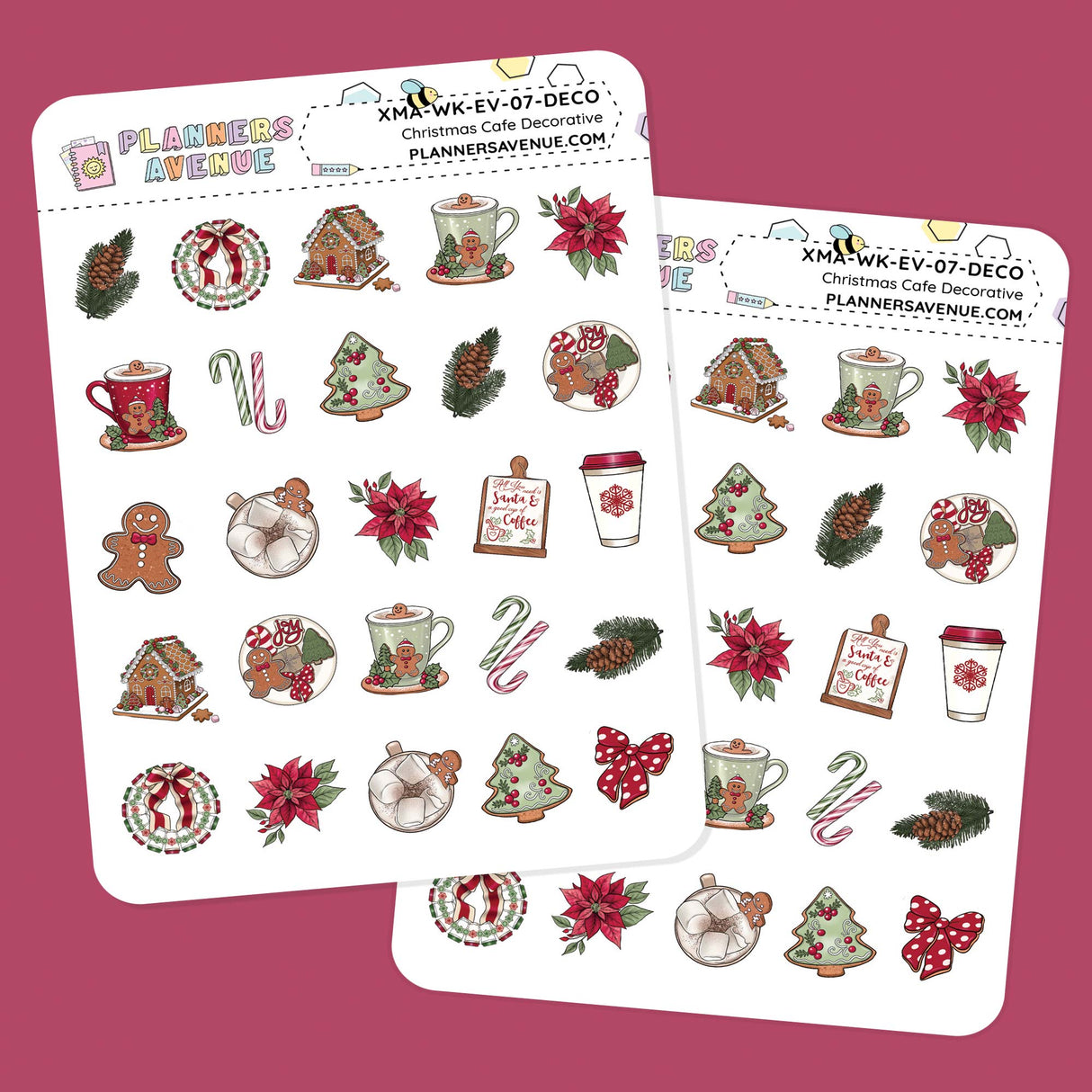 Christmas Cafe Small Decorative Planner Sticker Christmas-themed decorative planner stickers on a pink background.