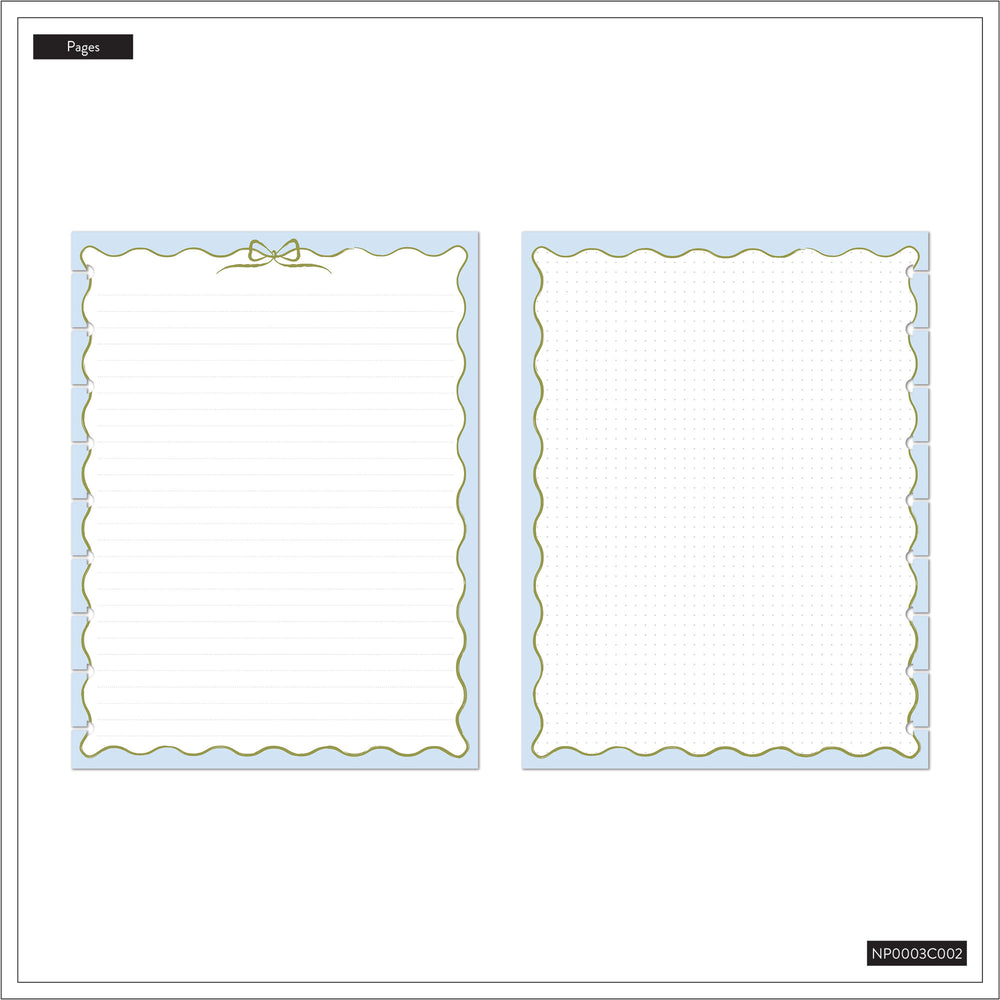Two blank pages with decorative borders on a white background
