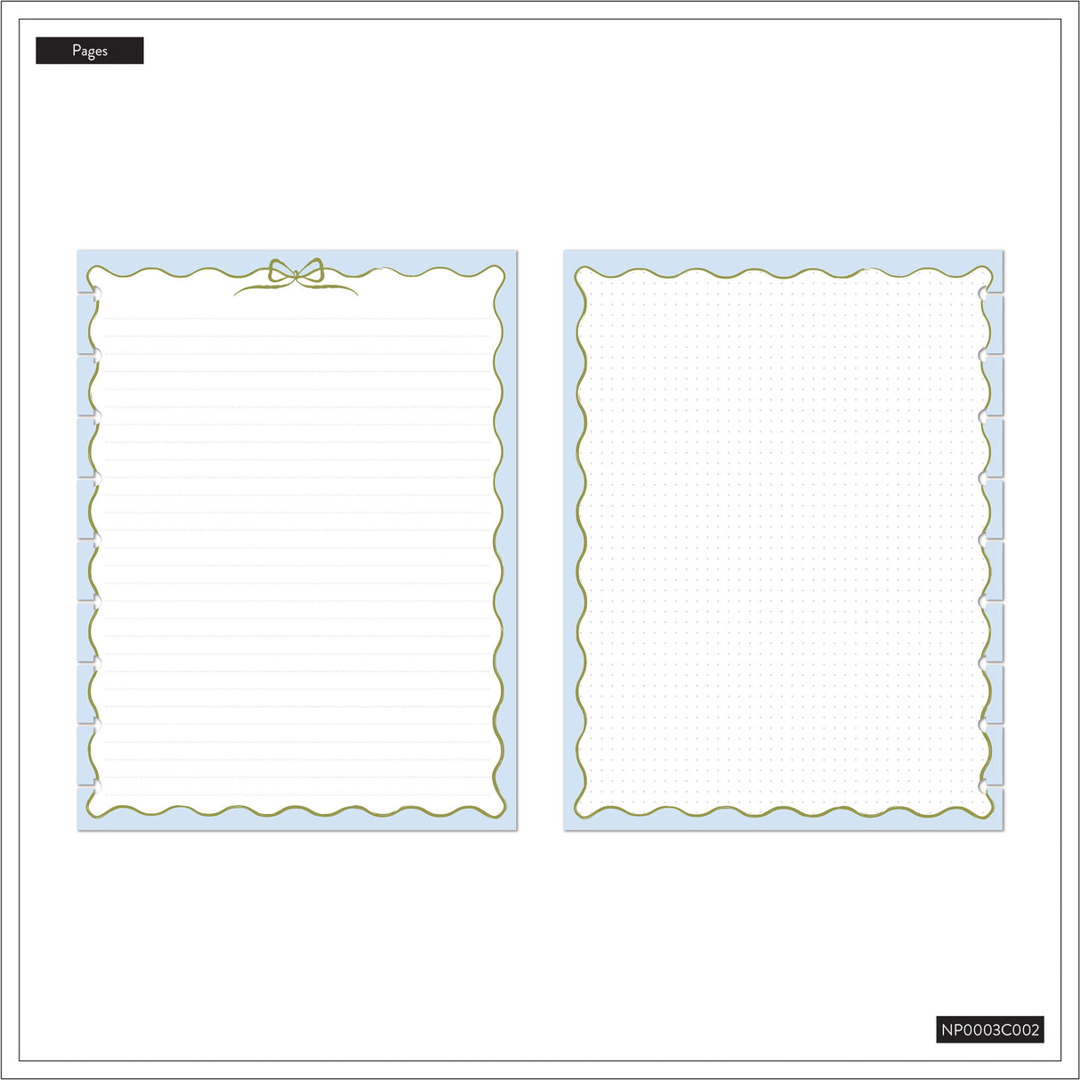 Two blank pages with decorative borders on a white background