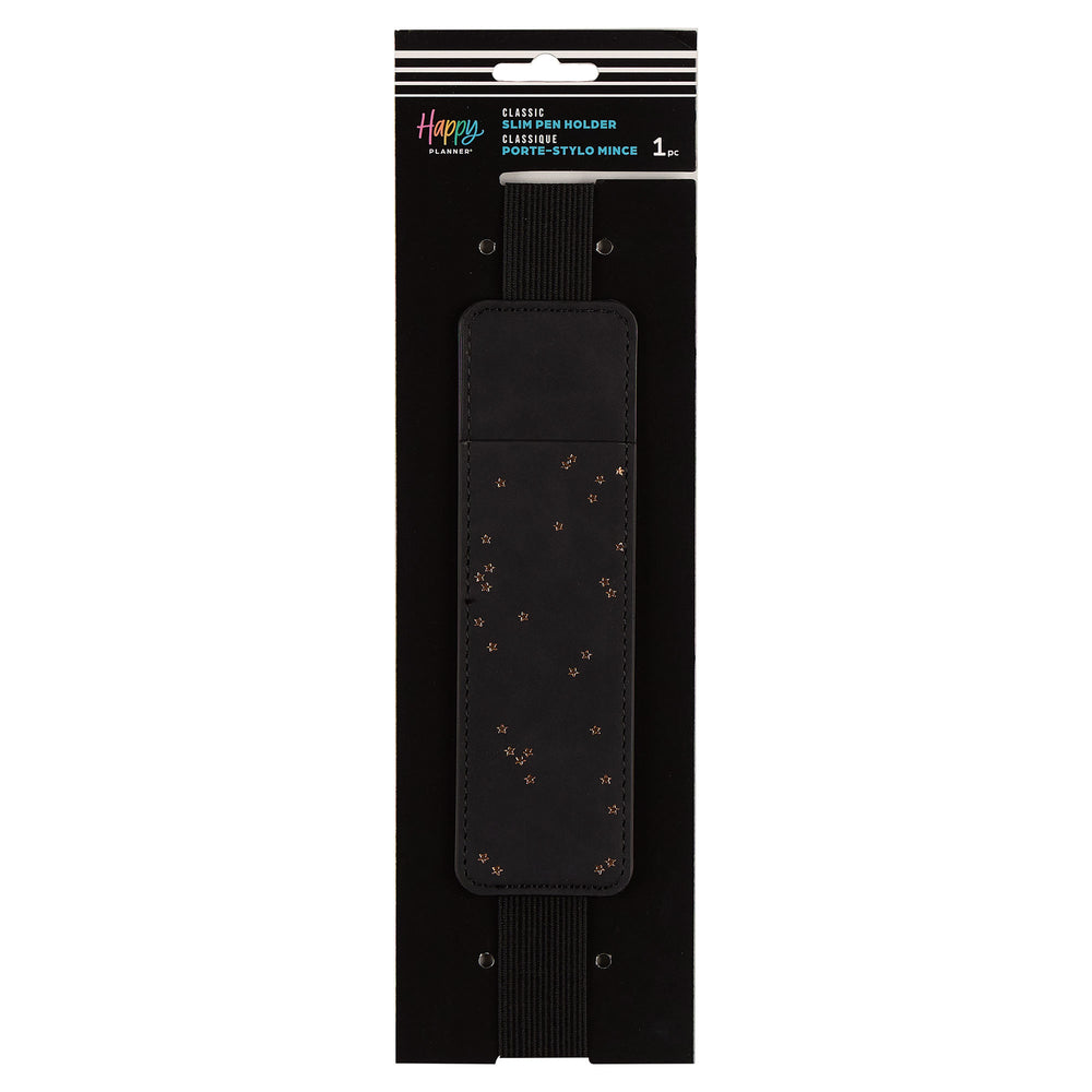 Black pen holder with decorative studs on a black packaging sleeve, featuring the brand 'Happy'.