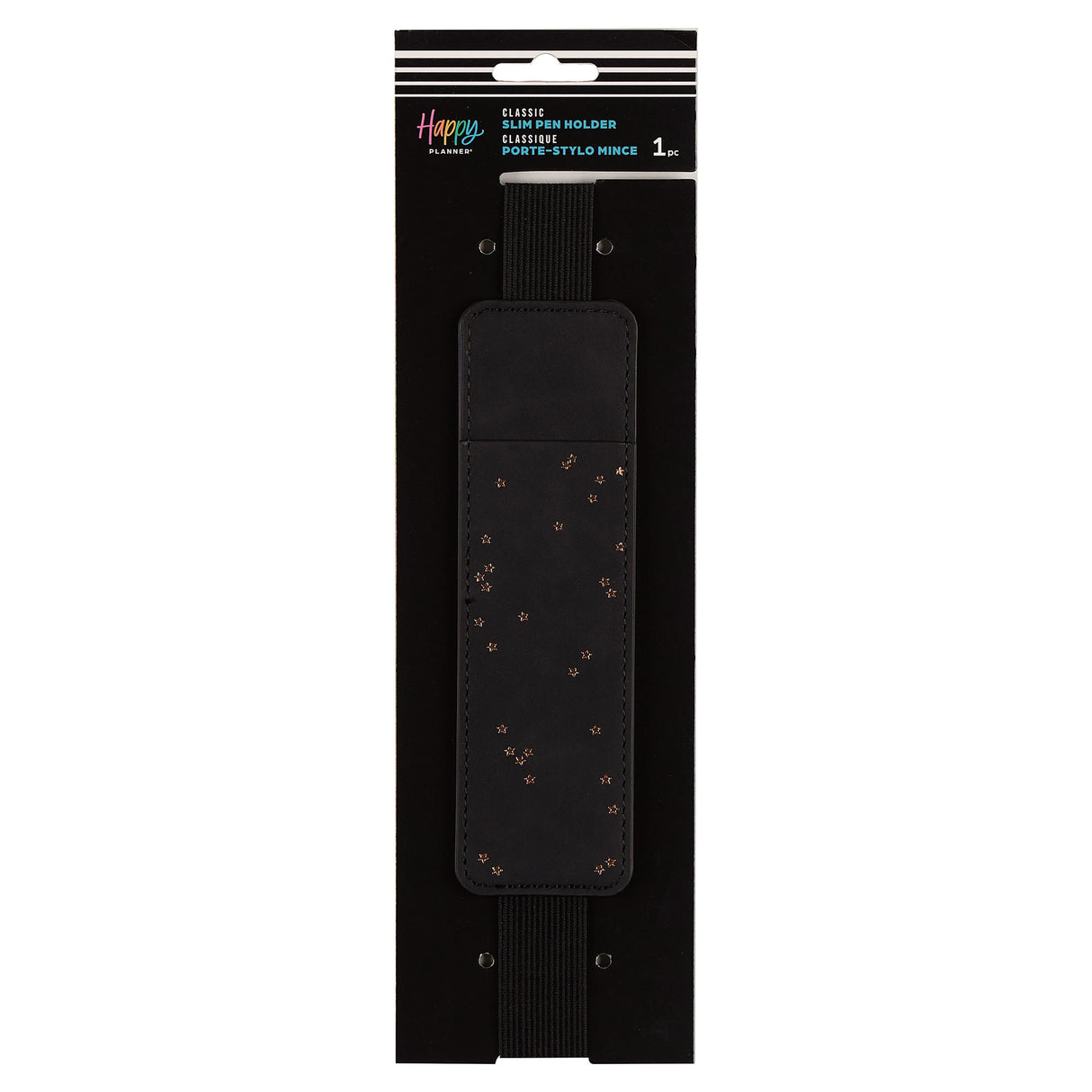 Black pen holder with decorative studs on a black packaging sleeve, featuring the brand 'Happy'.