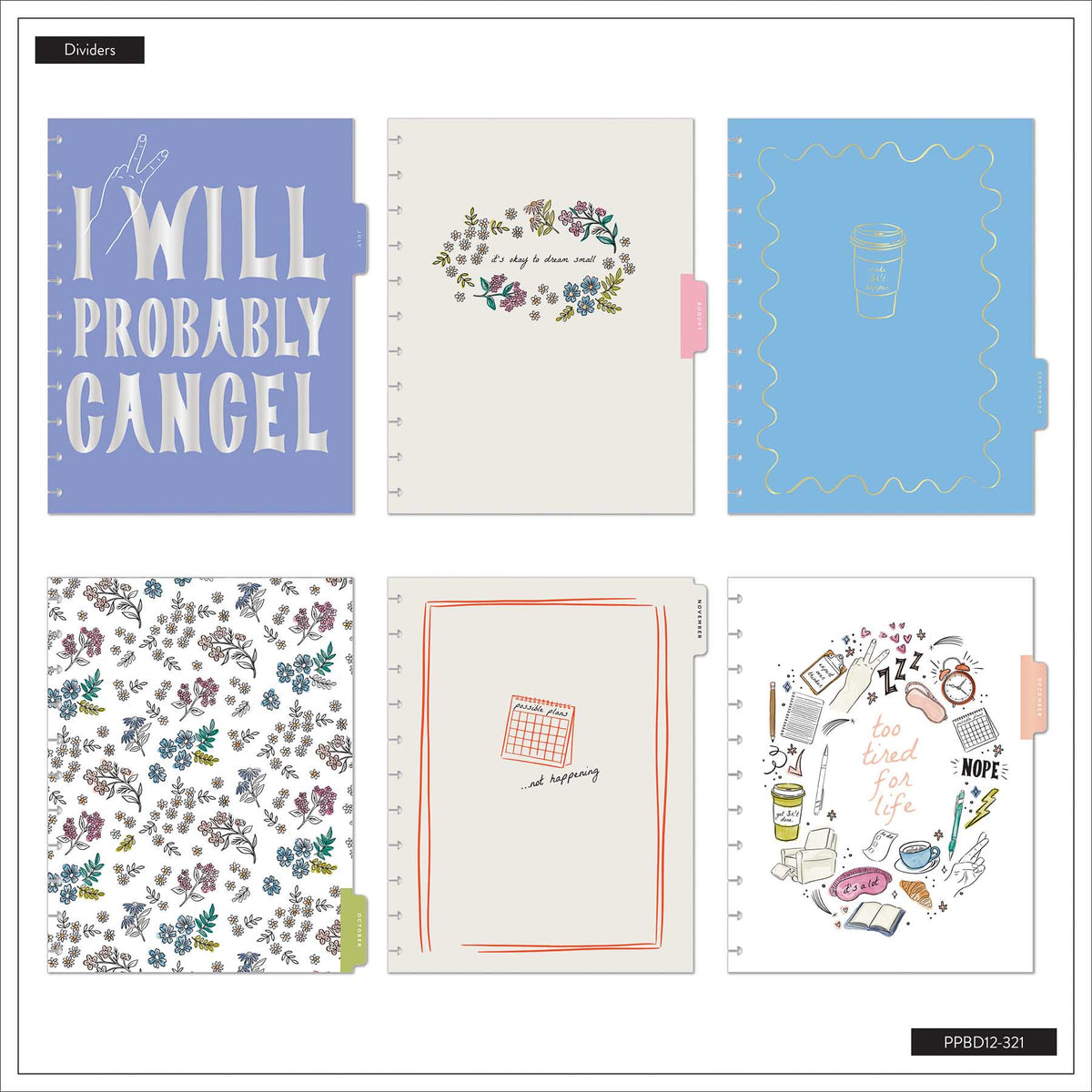 Happy Planner Pajama Plans planner dividers with florals and self-care designs