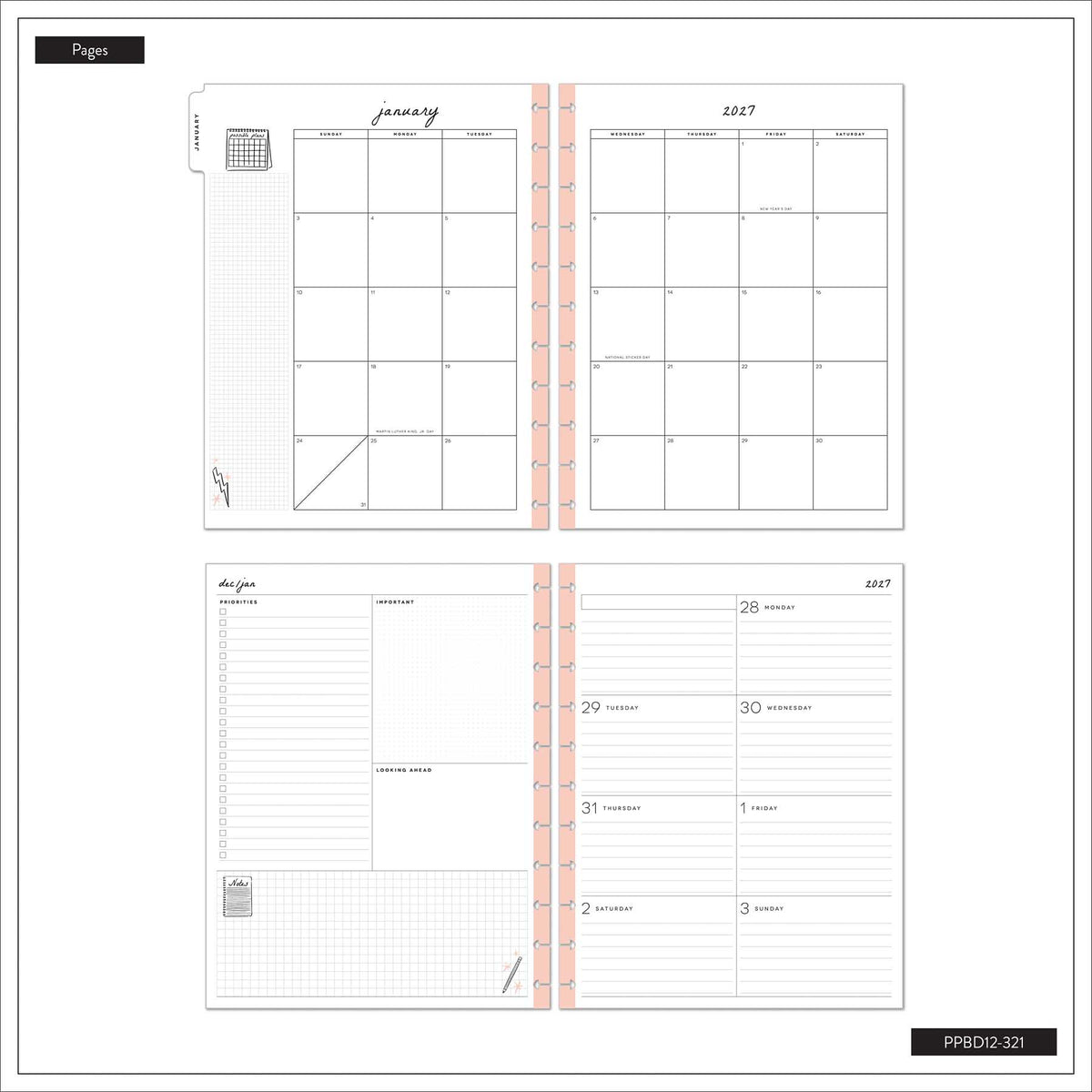 Happy Planner Pajama Plans Big planner monthly calendar and weekly planning pages