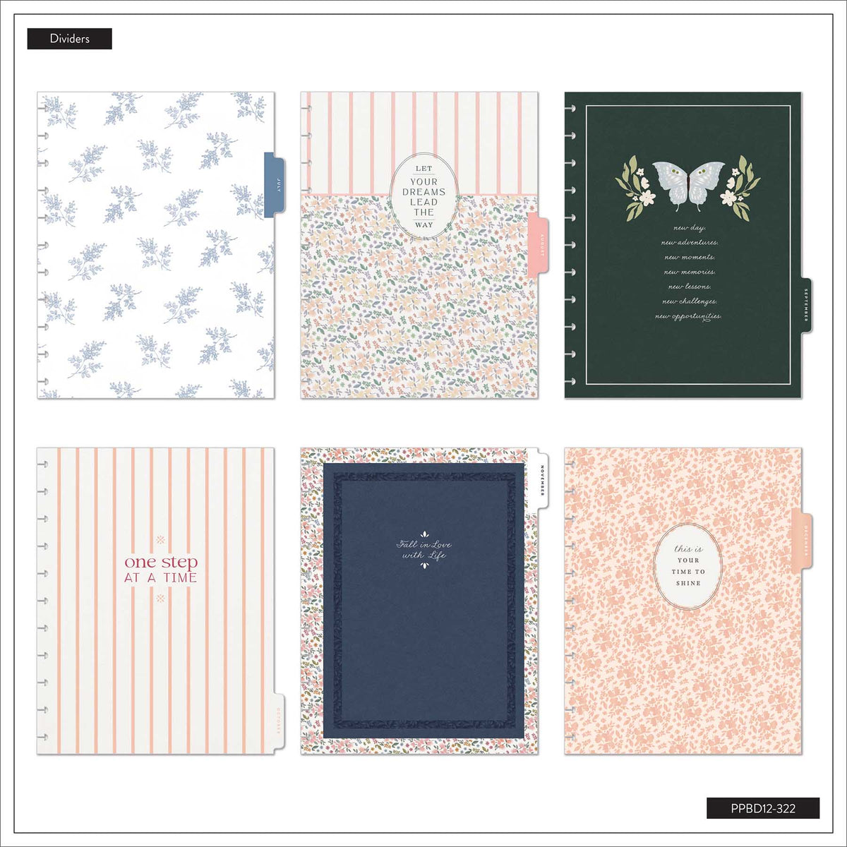 Wildflower Daydream Big planner dividers with florals, butterflies and striped designs