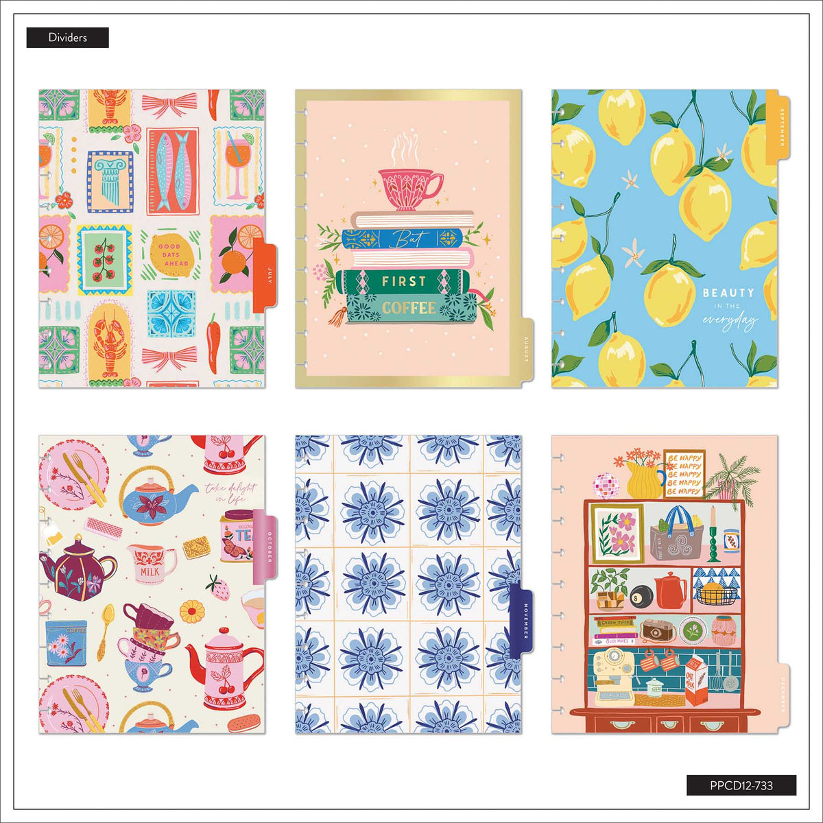 Happy Planner Life In Whimsy Classic Lined Vertical Planner 2027: Coffee, lemon, floral and kitchen-themed dividers