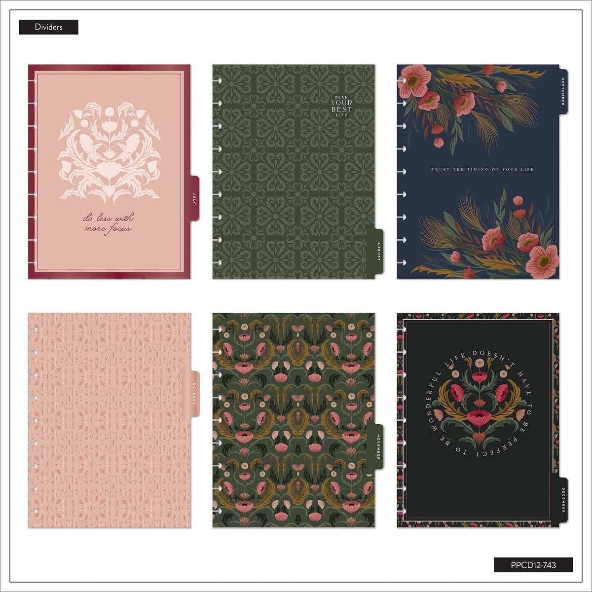 Happy Planner Twilight Tapestry Classic Horizontal Planner 2027: Six floral and patterned dividers in pink, green, navy and black