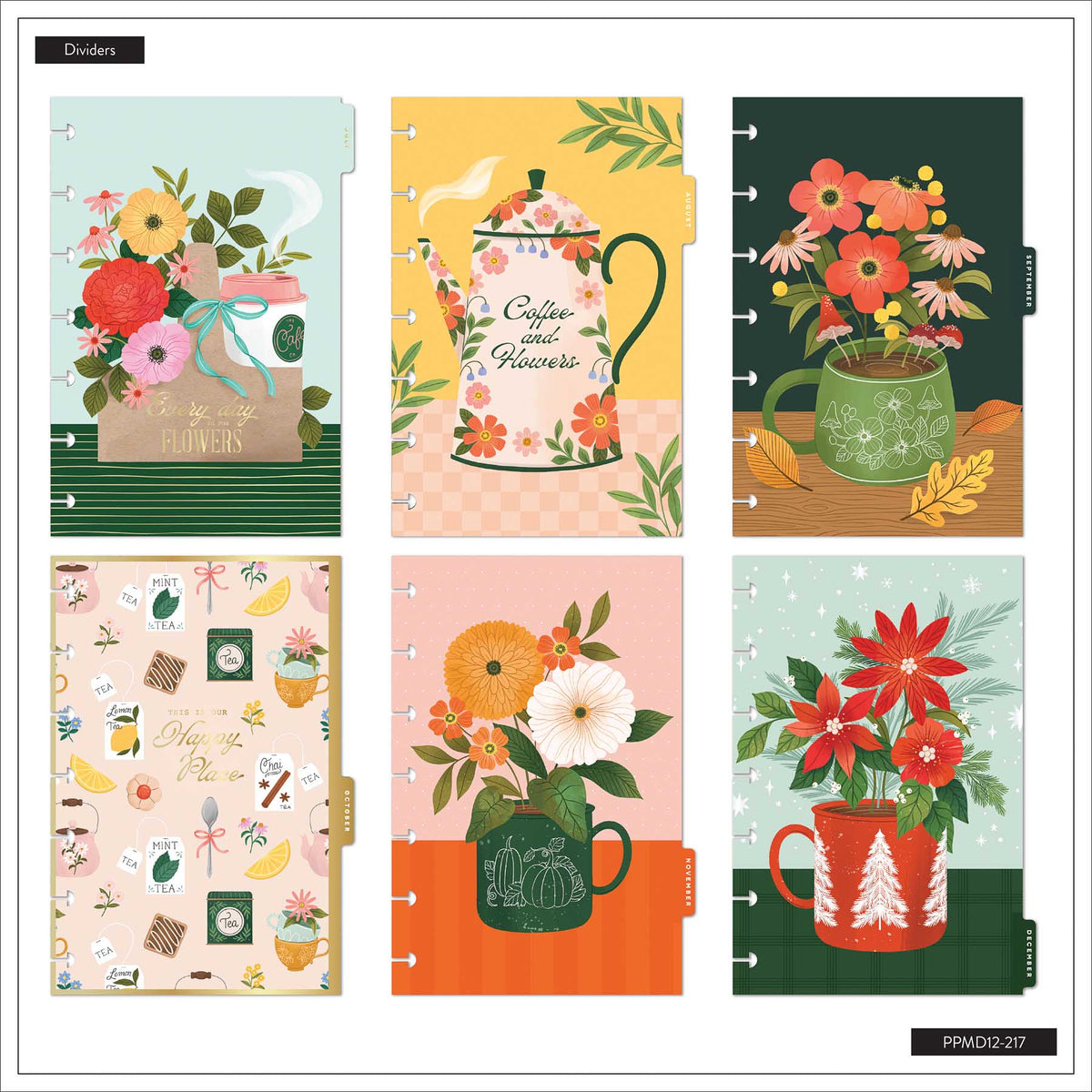 Happy Planner Petal Press dividers with flowers, plants, mugs and watering cans