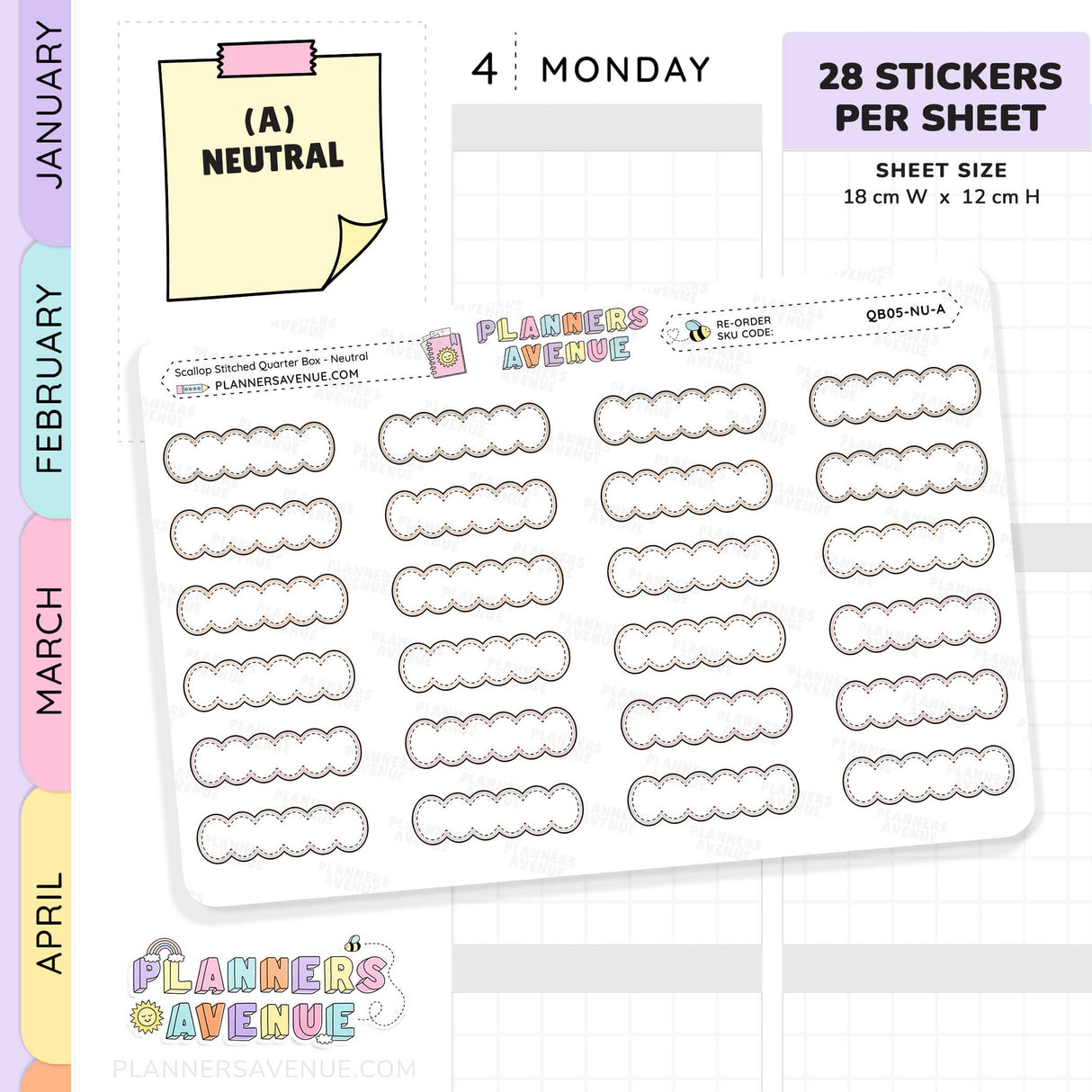 Scallop Stitched Quarter Box Planner Stickers